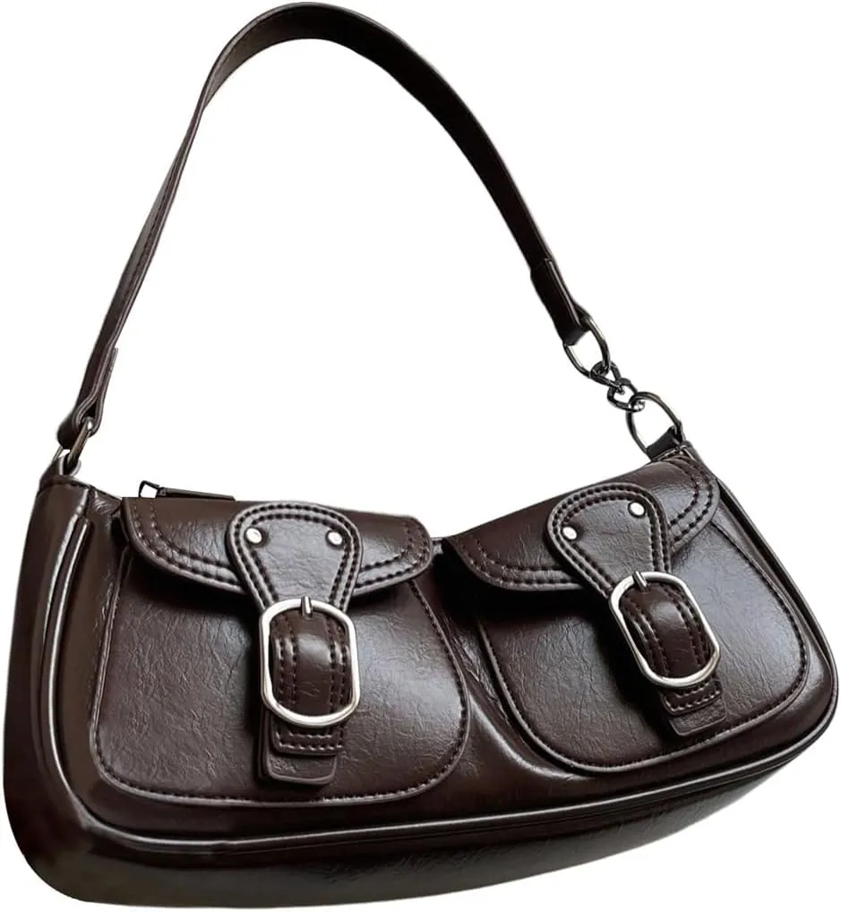 Women's Vintage Double Pockets PU Leather Shoulder Bag Zipper Underarm Bags Y2K Clutch Purses