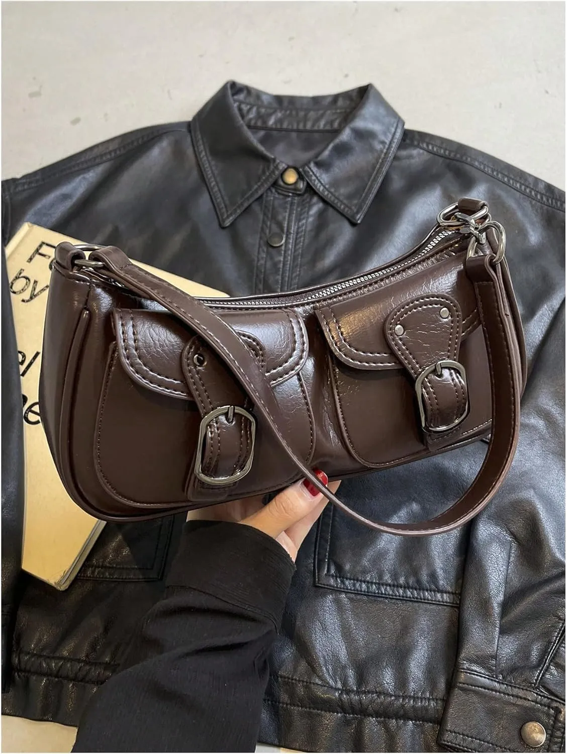 Women's Vintage Double Pockets PU Leather Shoulder Bag Zipper Underarm Bags Y2K Clutch Purses