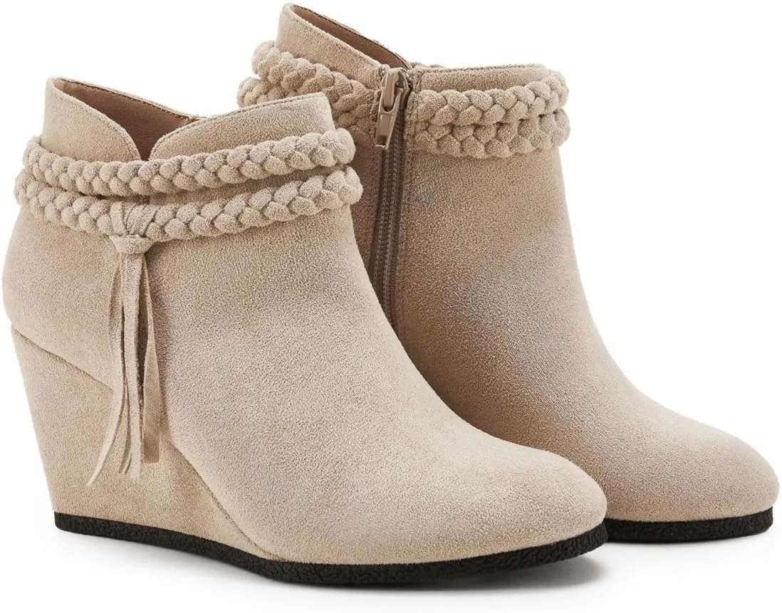 Womens Wedge Ankle Boots Braided Fringe Strap Western Heeled Fall Booties Dress Shoes