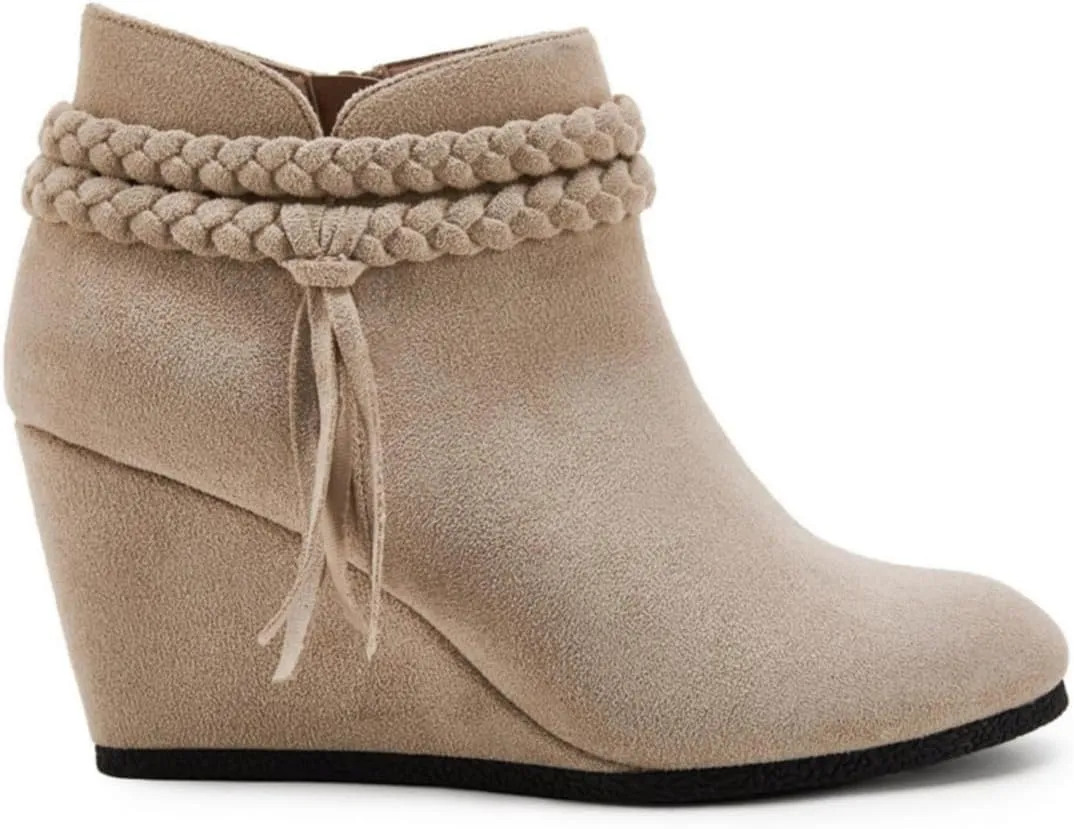 Womens Wedge Ankle Boots Braided Fringe Strap Western Heeled Fall Booties Dress Shoes