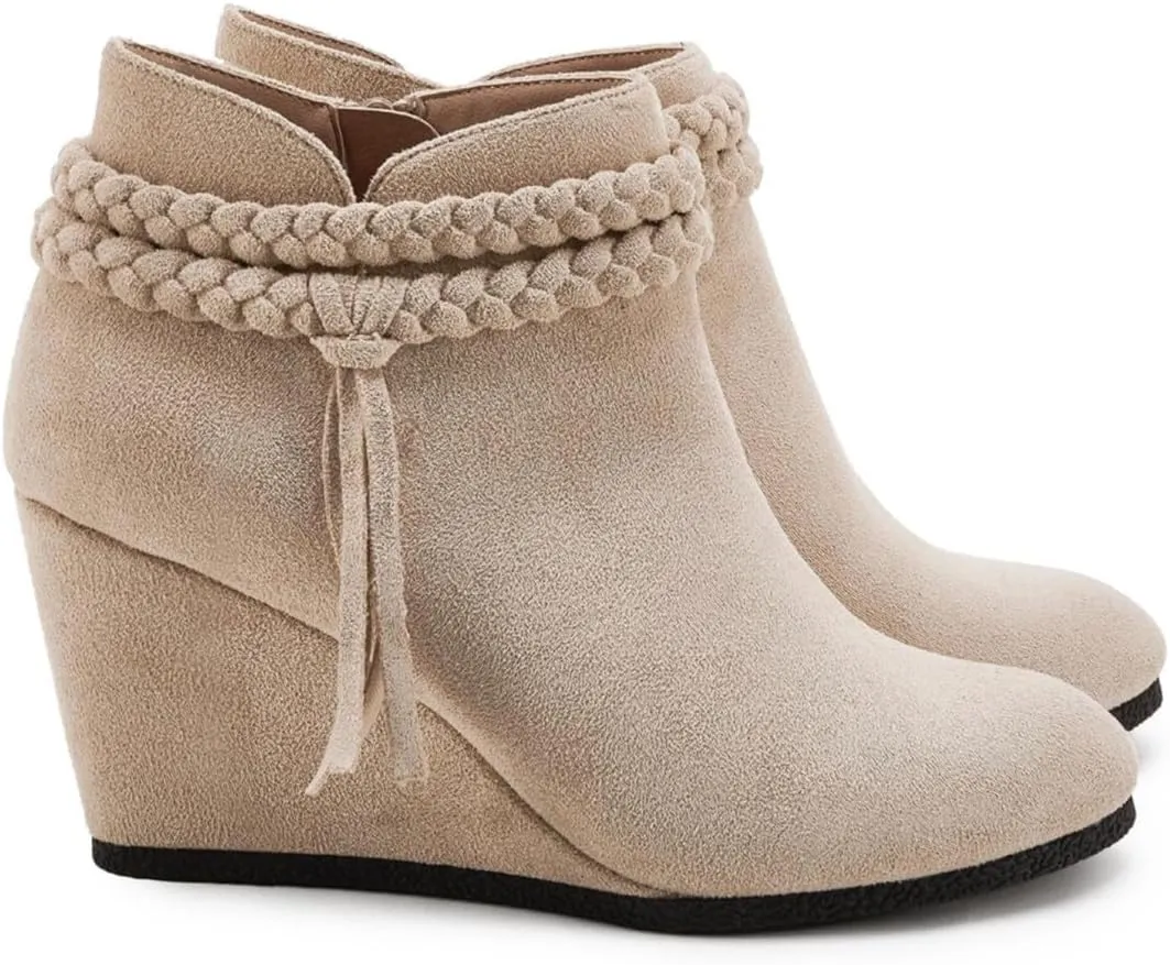 Womens Wedge Ankle Boots Braided Fringe Strap Western Heeled Fall Booties Dress Shoes