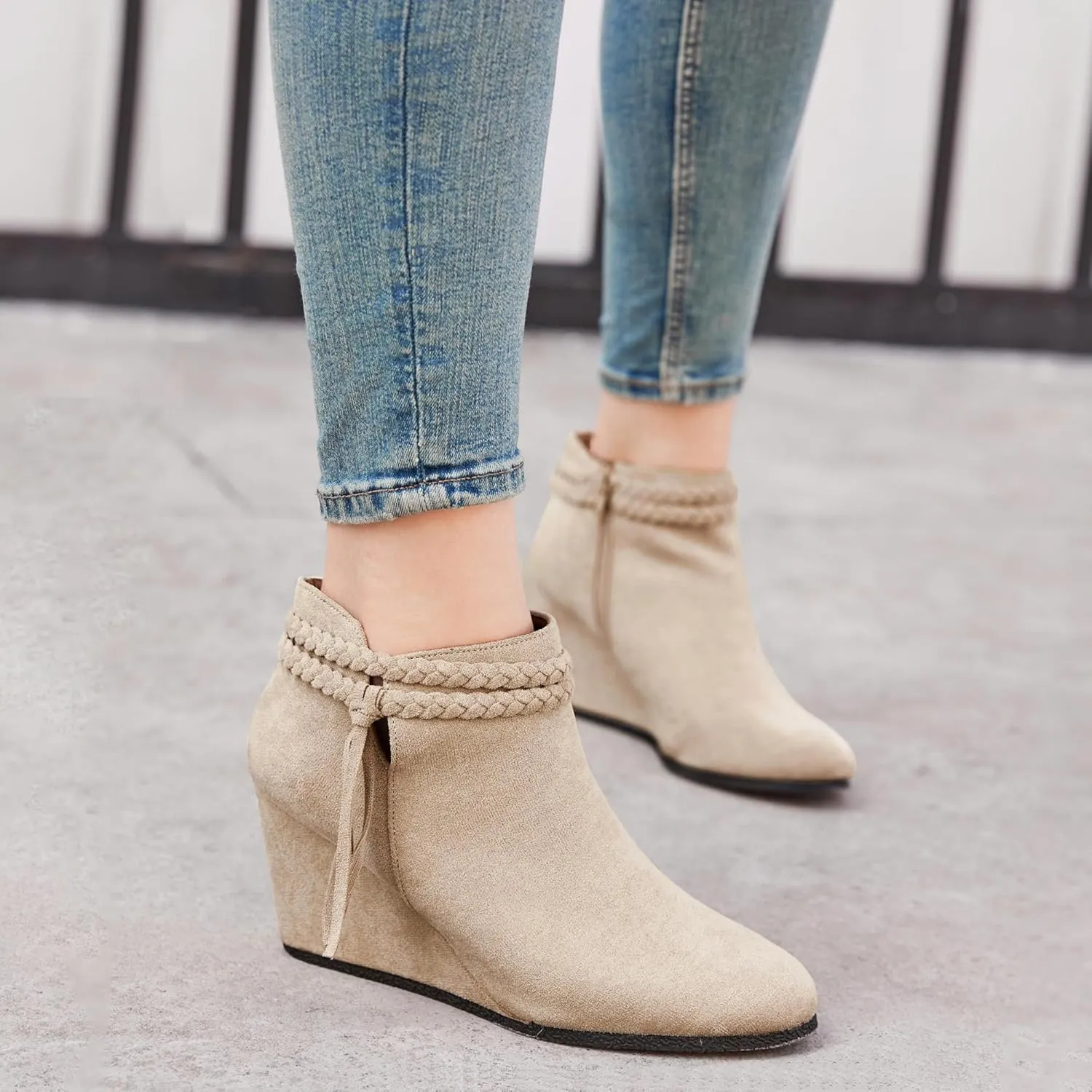 Womens Wedge Ankle Boots Braided Fringe Strap Western Heeled Fall Booties Dress Shoes