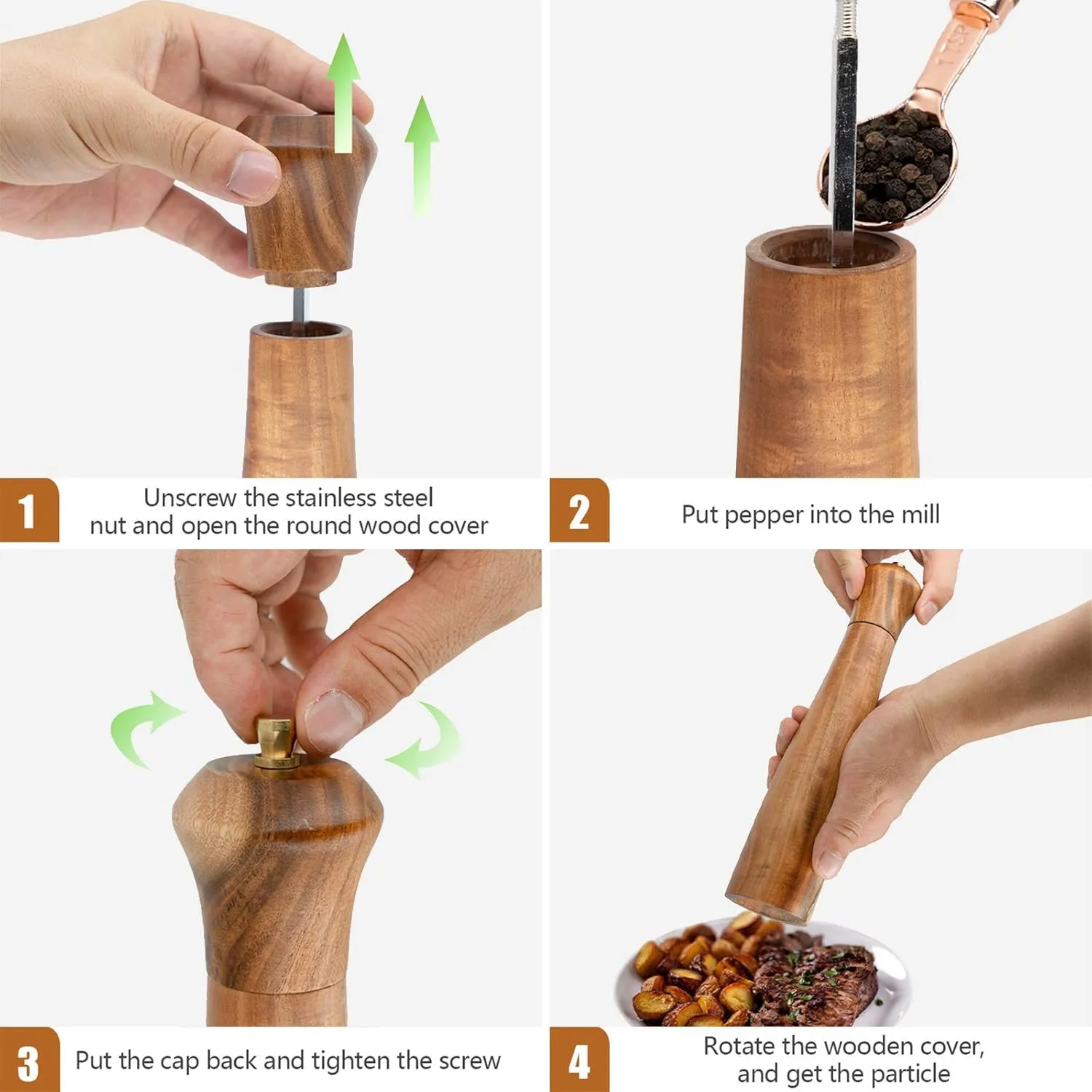 Wooden Pepper Grinder Pepper Mill with Adjustable Coarseness Pepper Grinder Refillable Salt Pepper Grinder Shaker Tableware Gifts Acacia Wood Salt Mill 10 Inch