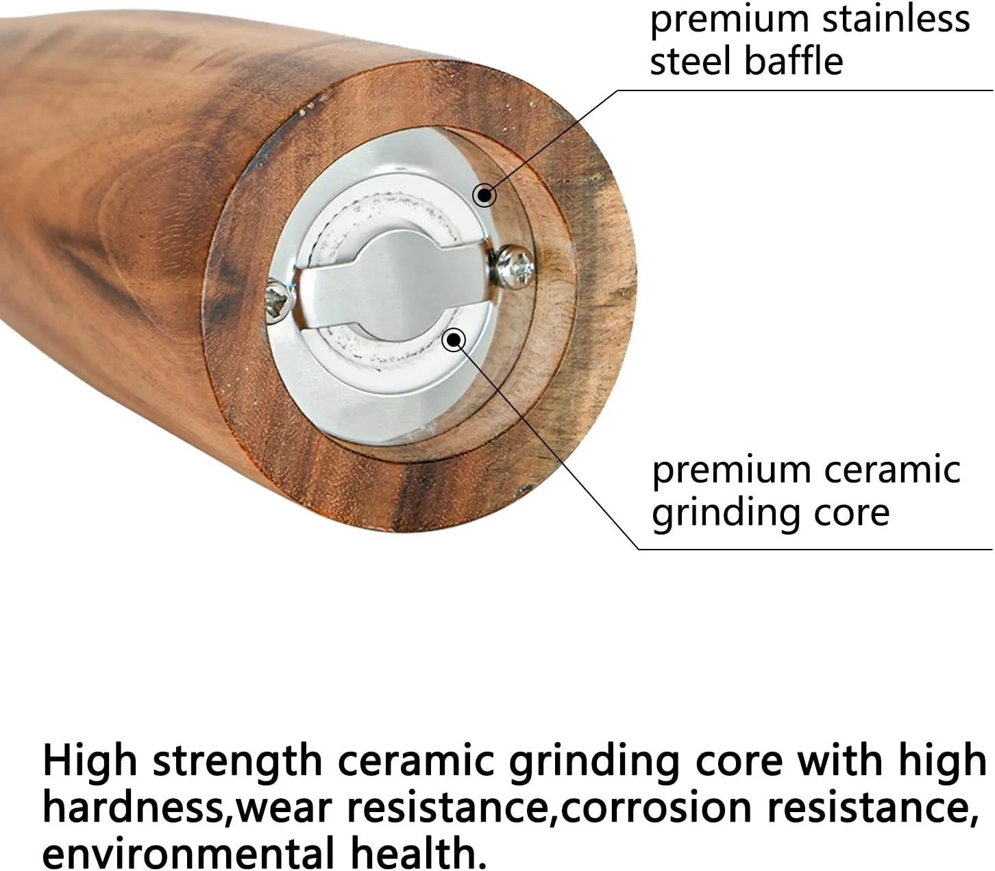 Wooden Pepper Grinder Pepper Mill with Adjustable Coarseness Pepper Grinder Refillable Salt Pepper Grinder Shaker Tableware Gifts Acacia Wood Salt Mill 10 Inch