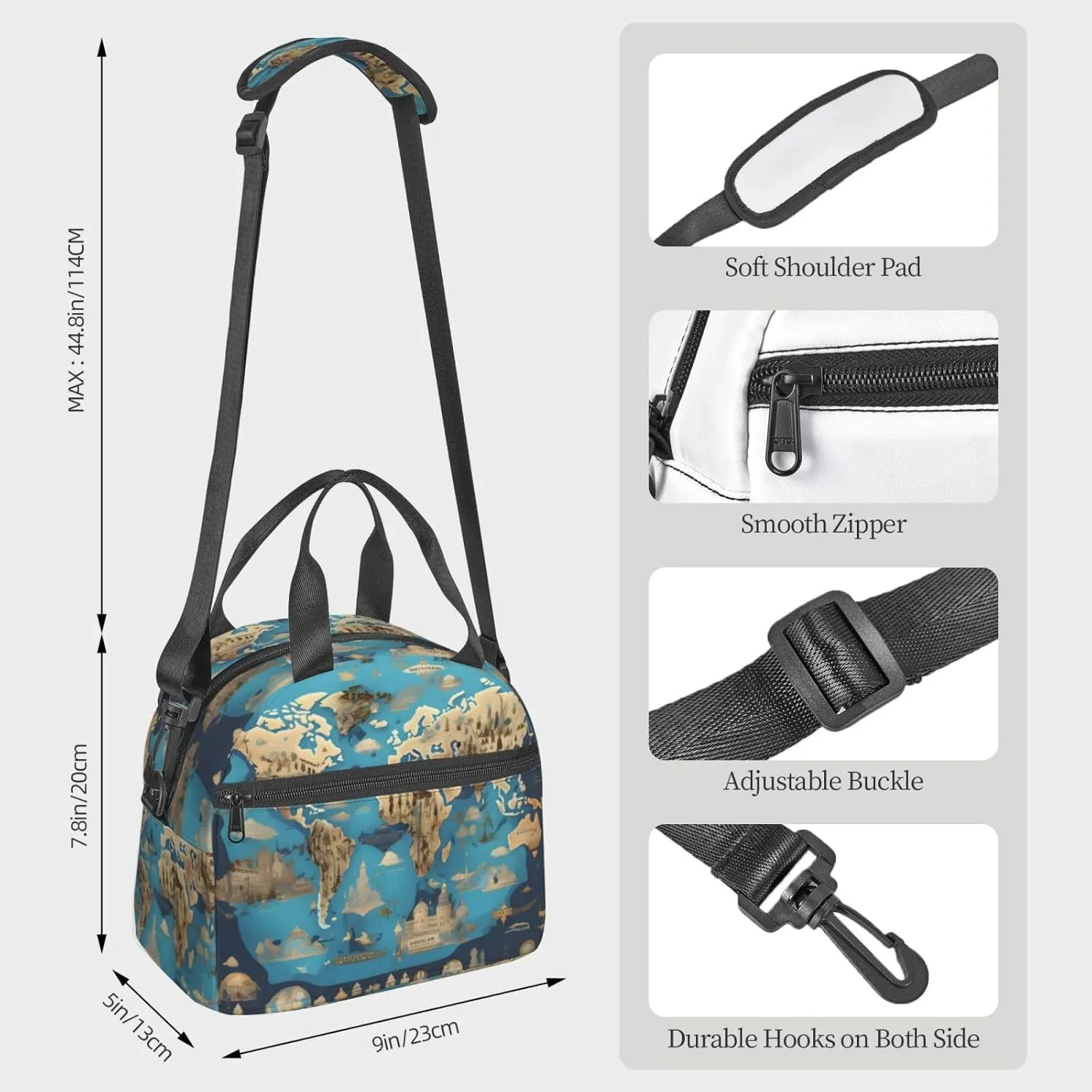 World Geography Map Insulated Lunch Bag Lunch Box For Women Men Reusable Tote For Office Gym Outings