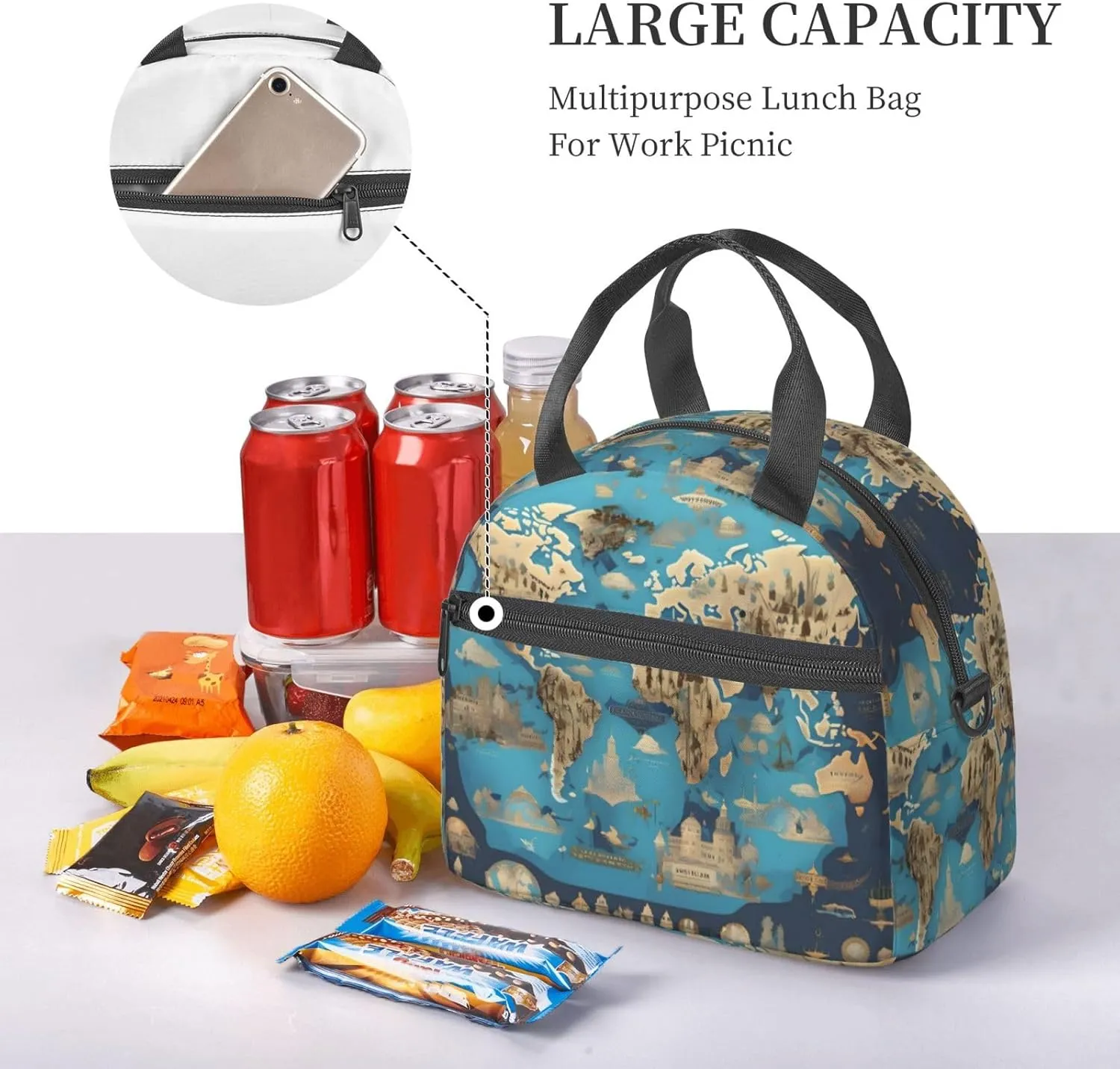 World Geography Map Insulated Lunch Bag Lunch Box For Women Men Reusable Tote For Office Gym Outings