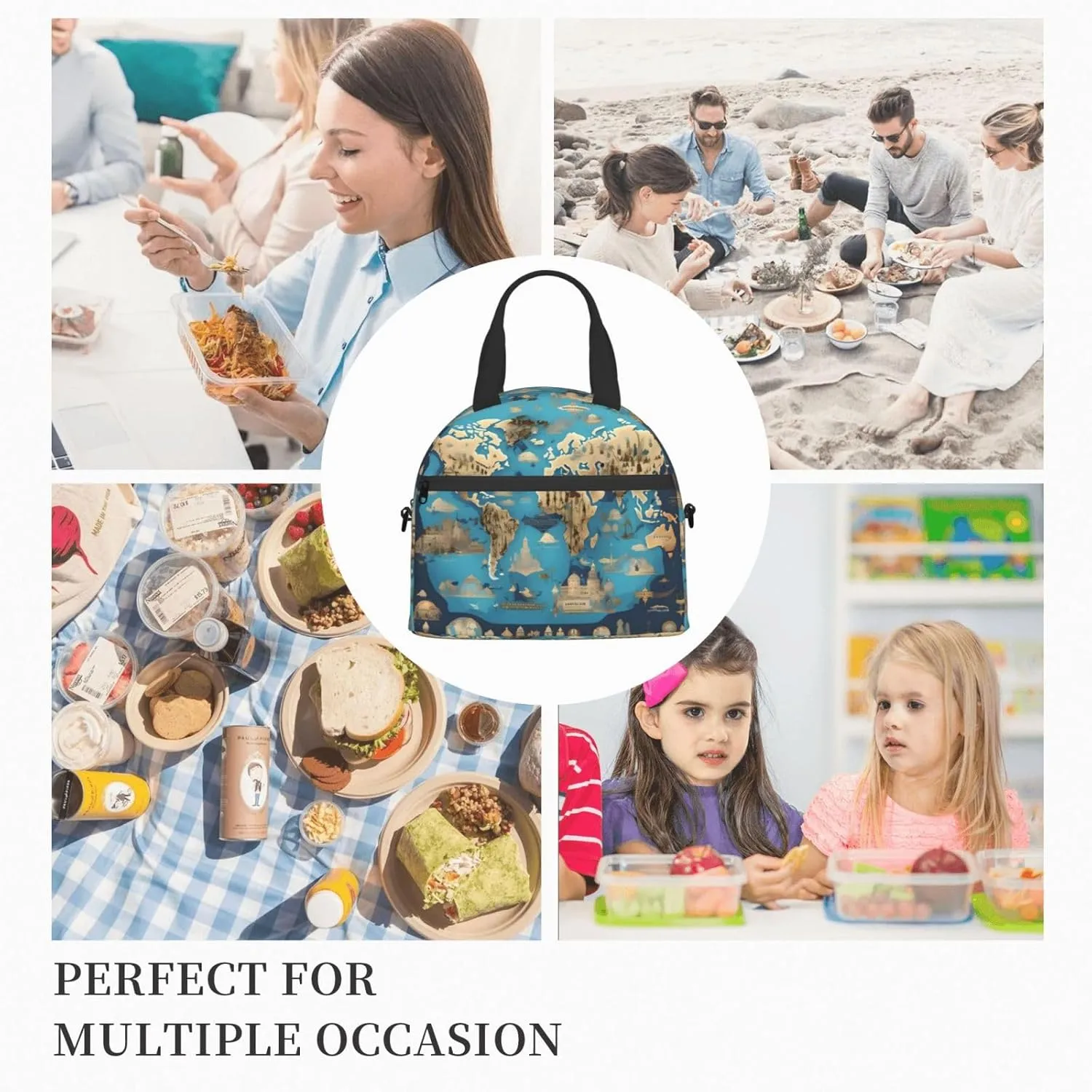 World Geography Map Insulated Lunch Bag Lunch Box For Women Men Reusable Tote For Office Gym Outings