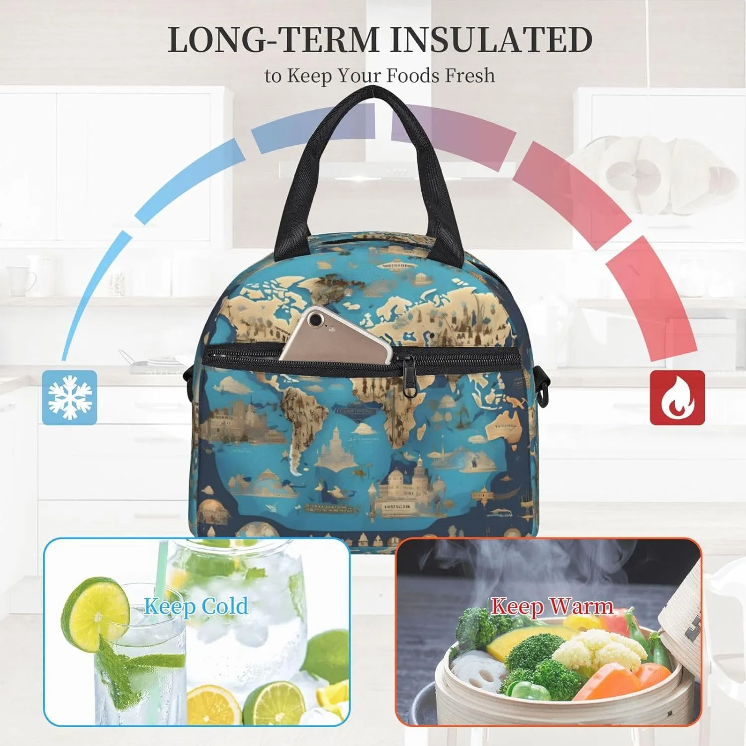 World Geography Map Insulated Lunch Bag Lunch Box For Women Men Reusable Tote For Office Gym Outings