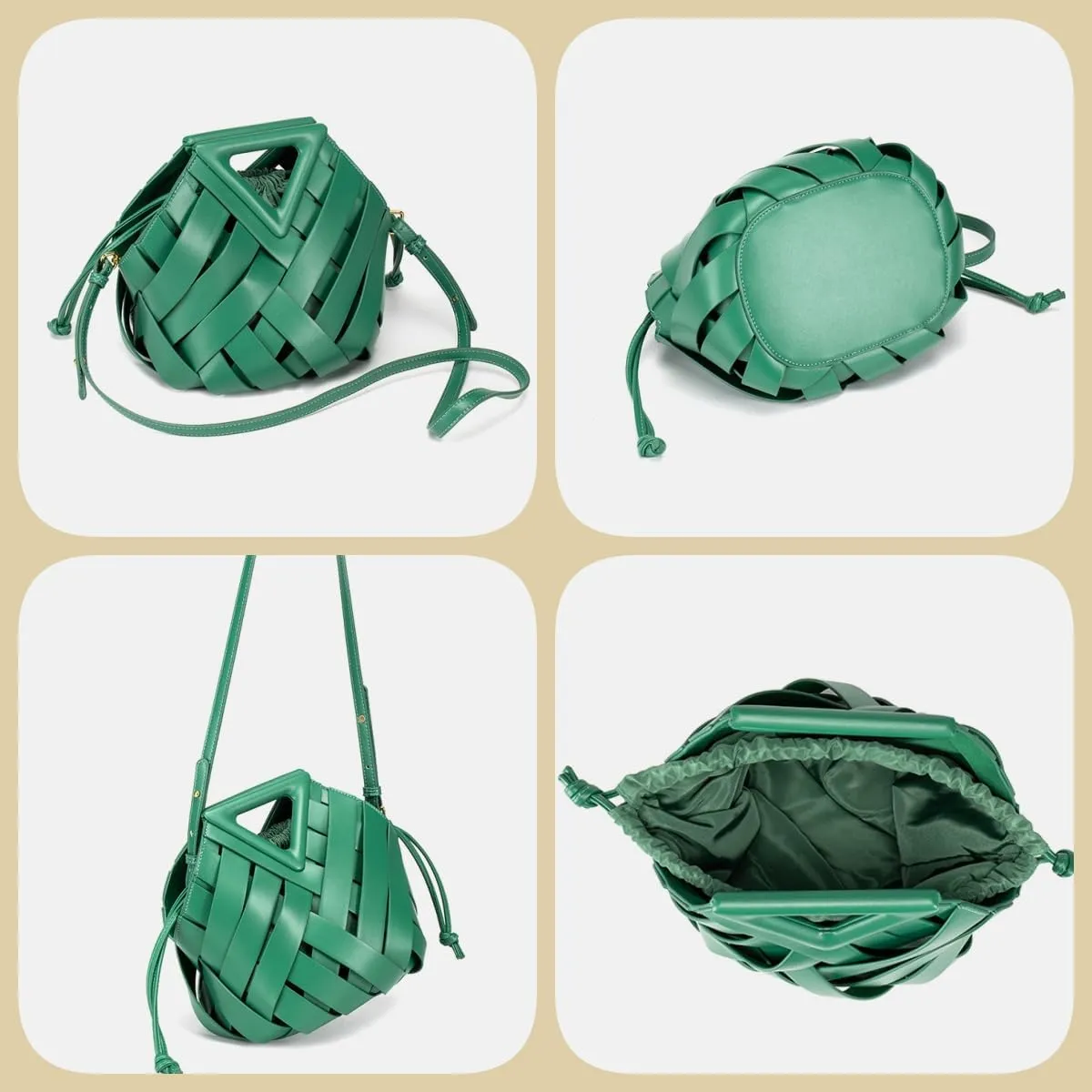 Woven Bucket Crossbody Bags for Women, Retro Leather Tote Handbag Top-handle Hobo Purse Inverted Triangle Shoulder Bag