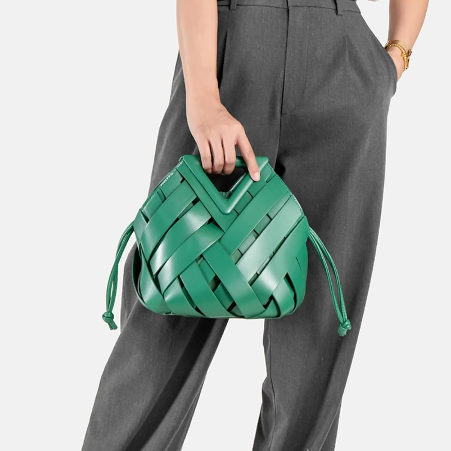 Woven Bucket Crossbody Bags for Women, Retro Leather Tote Handbag Top-handle Hobo Purse Inverted Triangle Shoulder Bag
