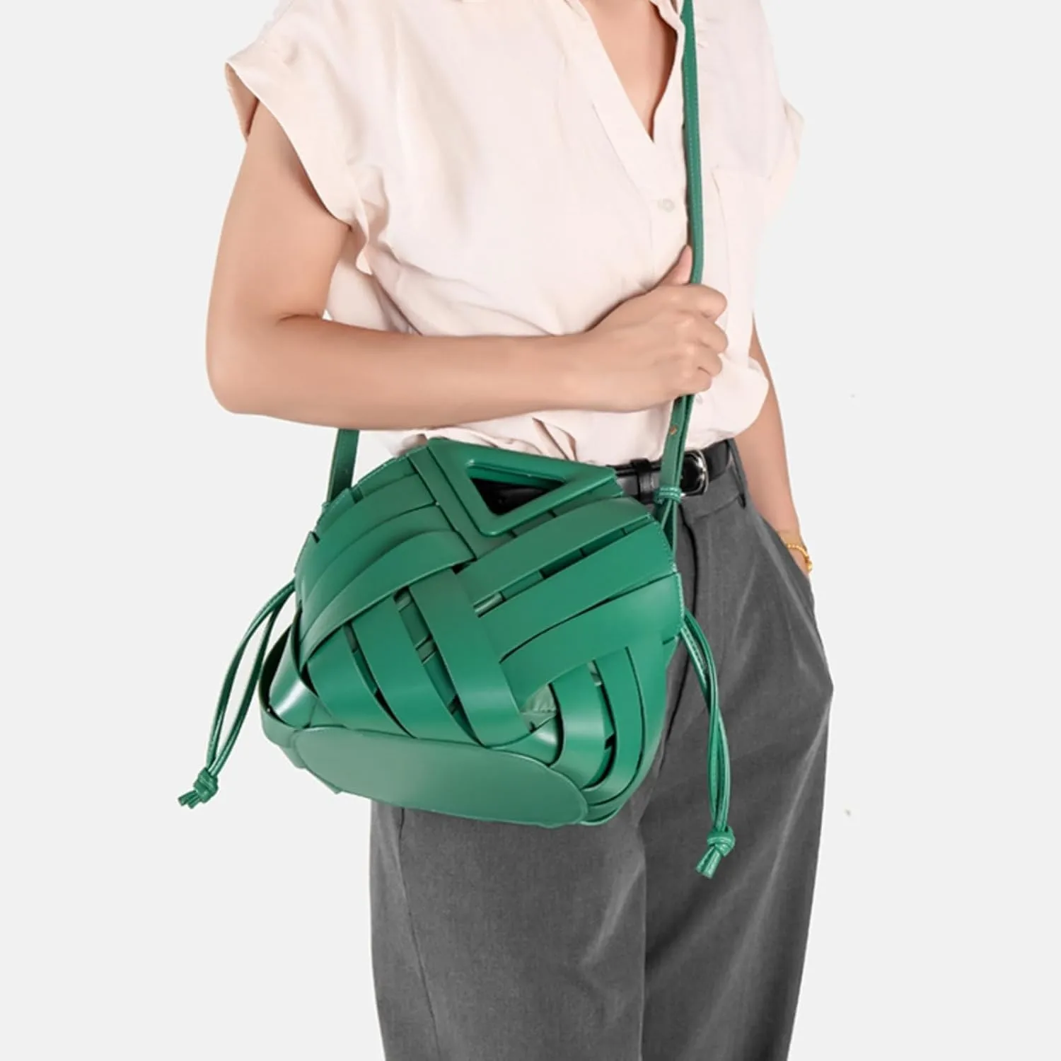Woven Bucket Crossbody Bags for Women, Retro Leather Tote Handbag Top-handle Hobo Purse Inverted Triangle Shoulder Bag