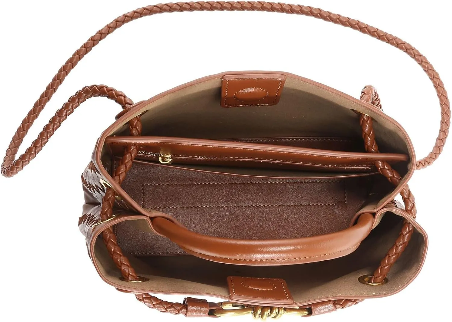 Woven Leather Handbag, Bucket Style Tote with Gold Lock Design, Top Handle Shoulder Bag for Women, Clutch Bag
