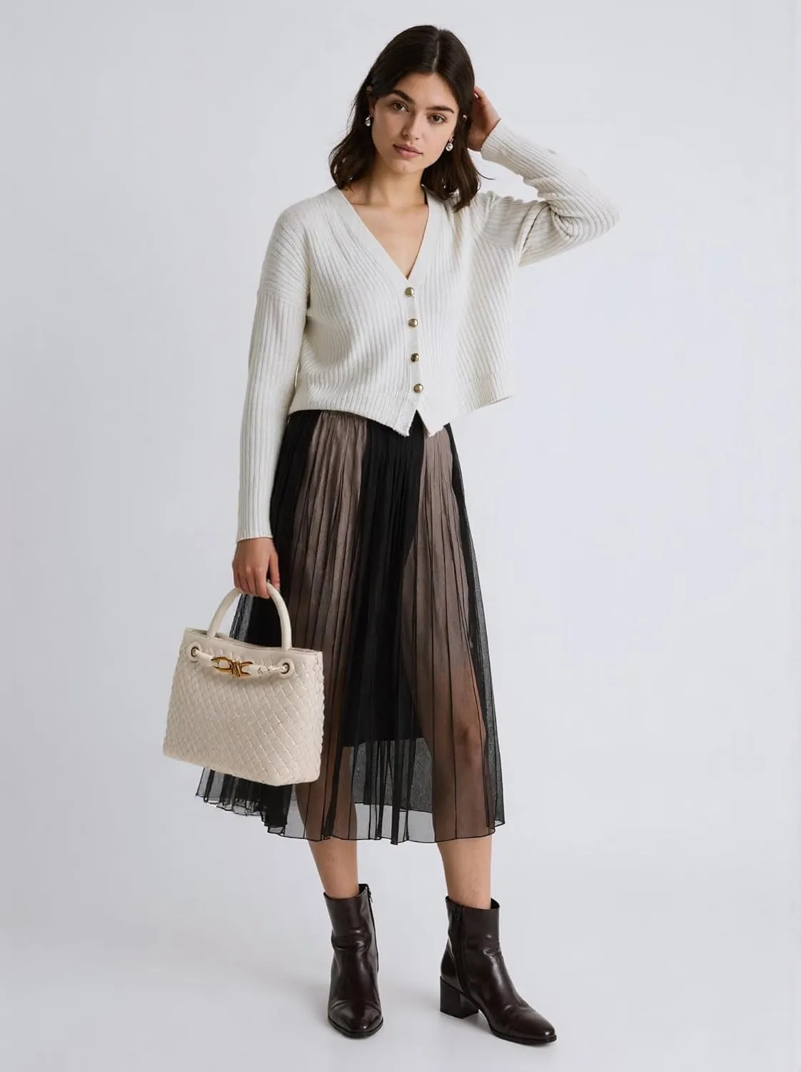 Woven Leather Handbag, Bucket Style Tote with Gold Lock Design, Top Handle Shoulder Bag for Women, Clutch Bag