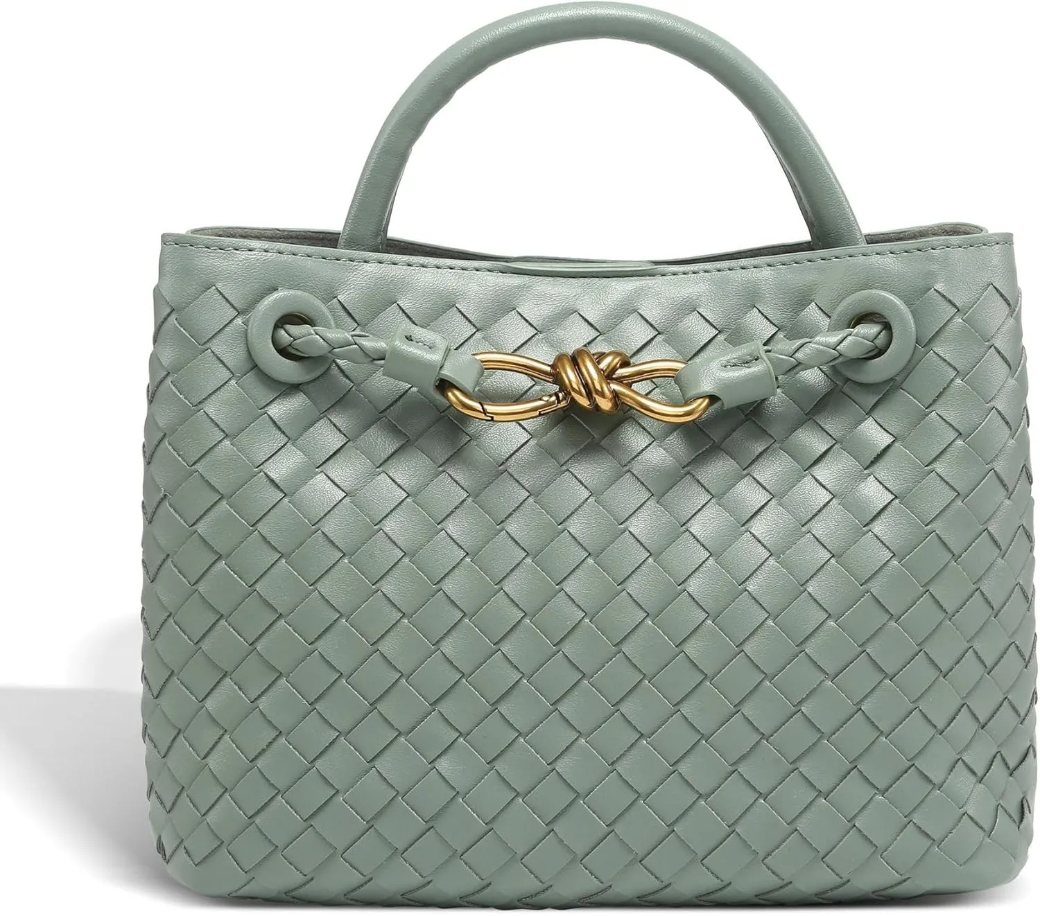 Woven Leather Handbag, Bucket Style Tote with Gold Lock Design, Top Handle Shoulder Bag for Women, Clutch Bag