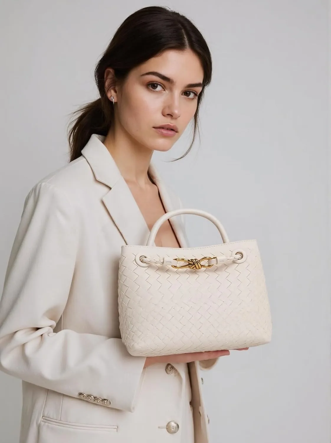 Woven Leather Handbag, Bucket Style Tote with Gold Lock Design, Top Handle Shoulder Bag for Women, Clutch Bag