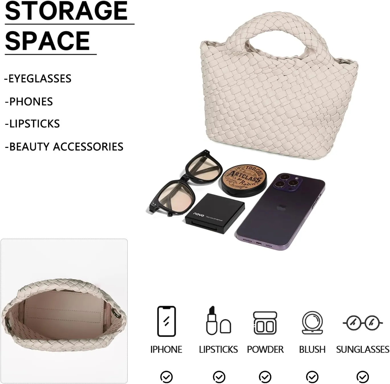 Woven Purses Bag for Women, Vegan Leather Handwoven Bags with Mini Handmade Purse, SMALL Travel Beach Top Handle Handbags