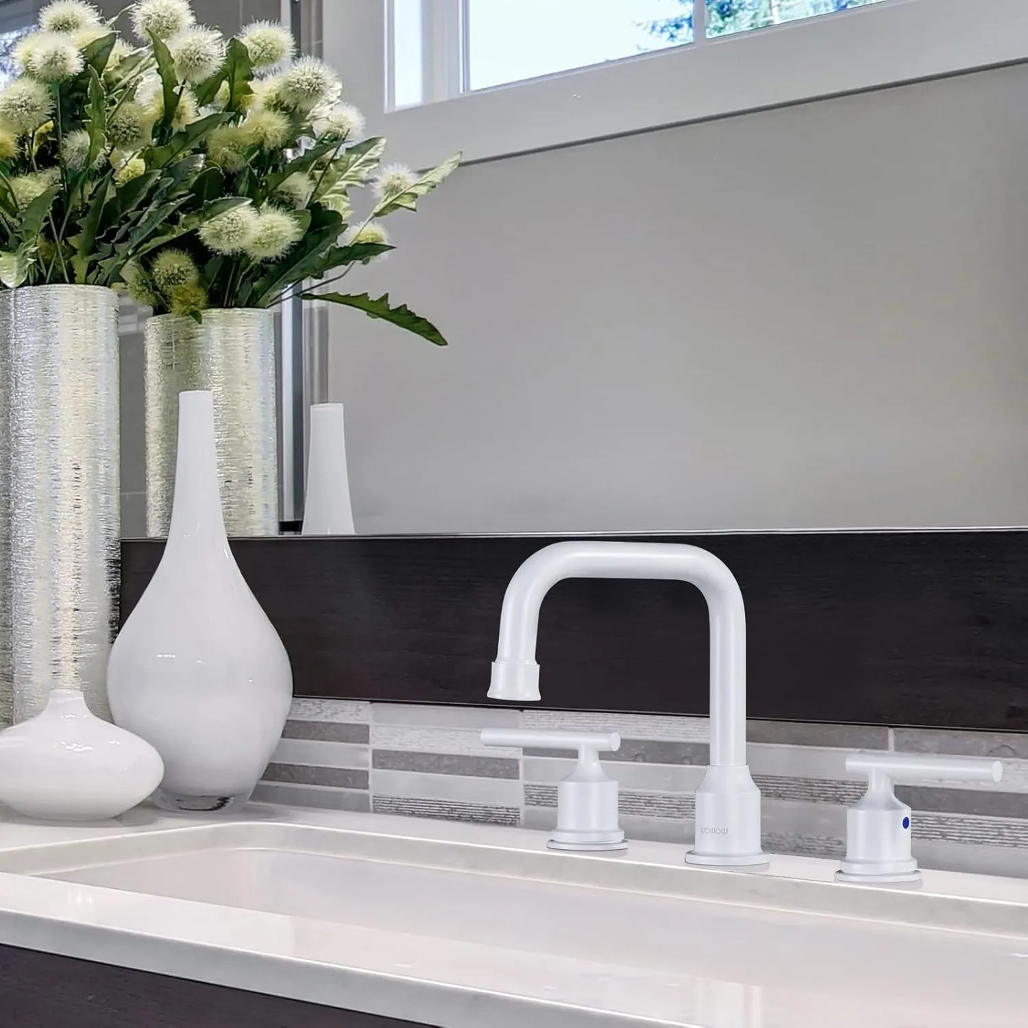 WOWOW 3 Hole Bathroom Faucet White Bathroom Sink Faucet 2 Handle Vanity Tap Lavatory Elegant Basin Mixer Tap with Drain