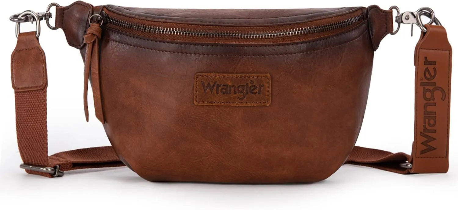 Wrangler Large Fanny Packs for Women Waist Bag Travel Belt Bags Crossbody Sling Purse Distressed Brown