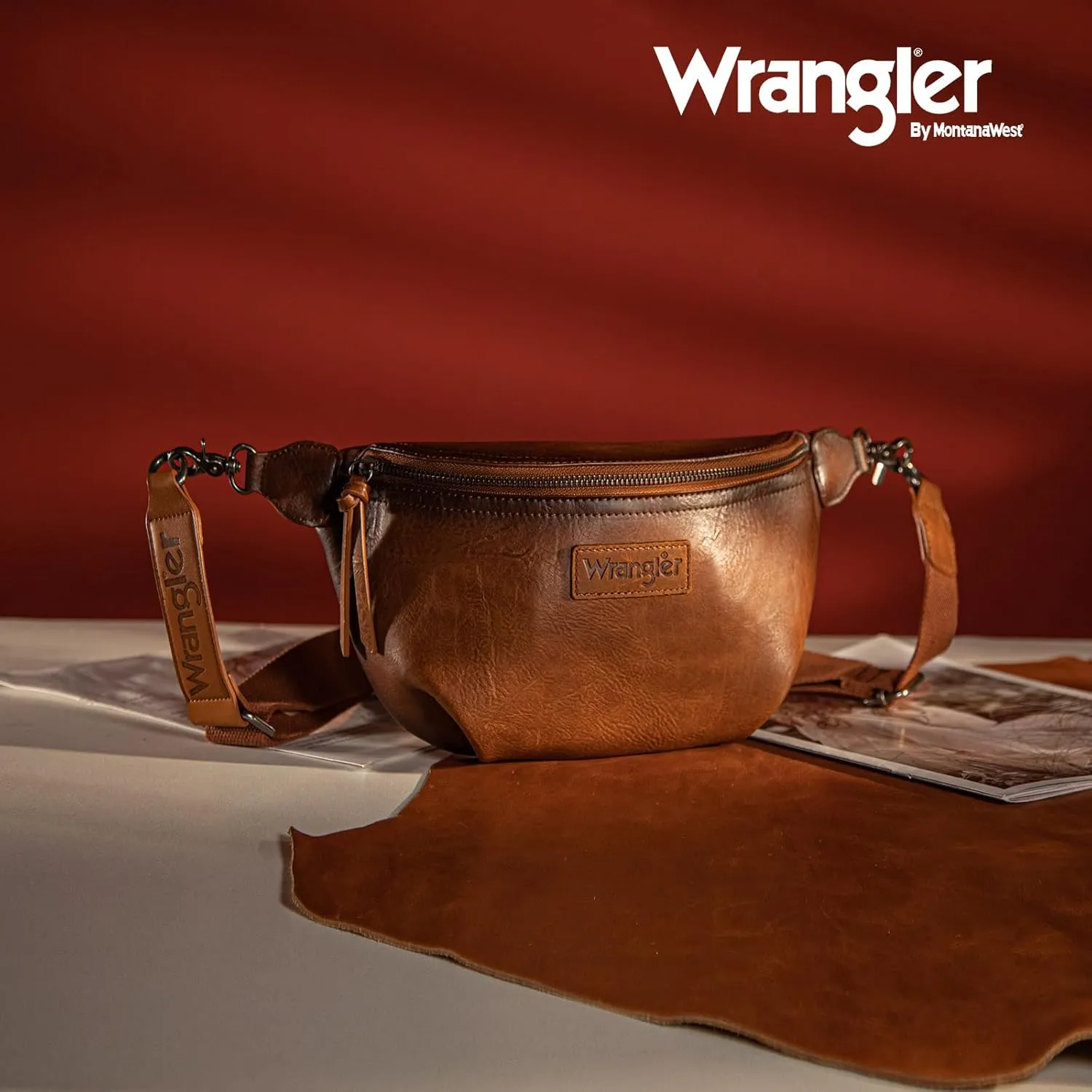 Wrangler Large Fanny Packs for Women Waist Bag Travel Belt Bags Crossbody Sling Purse Distressed Brown