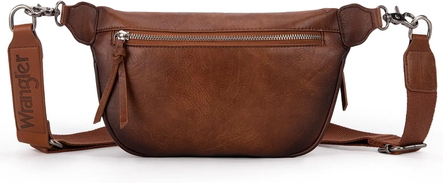 Wrangler Large Fanny Packs for Women Waist Bag Travel Belt Bags Crossbody Sling Purse Distressed Brown
