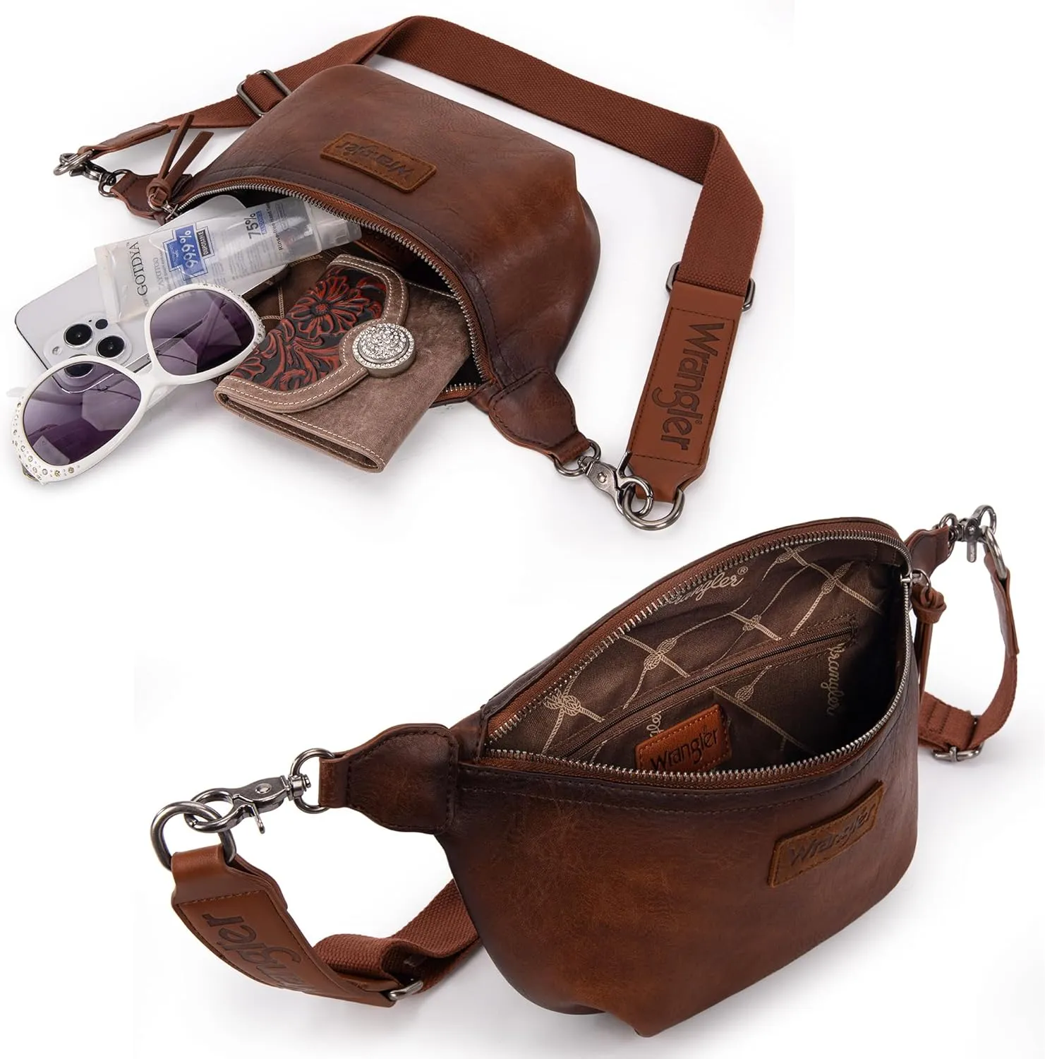 Wrangler Large Fanny Packs for Women Waist Bag Travel Belt Bags Crossbody Sling Purse Distressed Brown