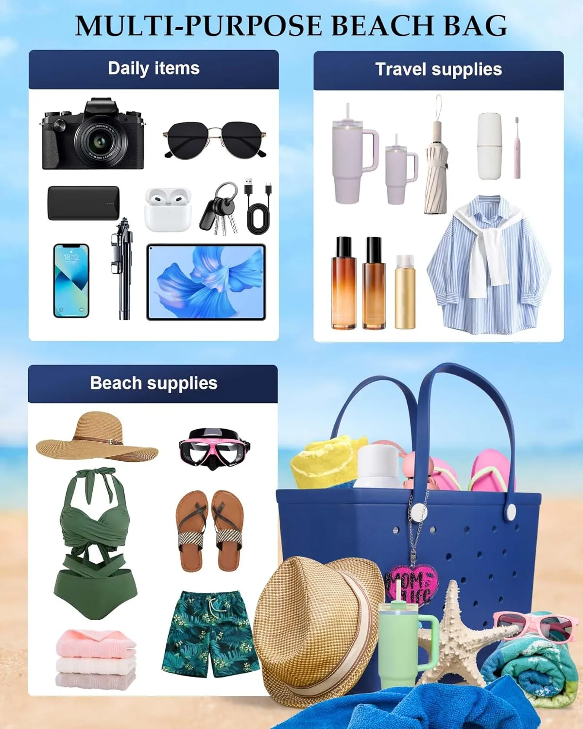 X-Large Beach Rubber Tote Bag with Charms, Women Waterproof Original Handbag for Outdoor Modern Travel Sports