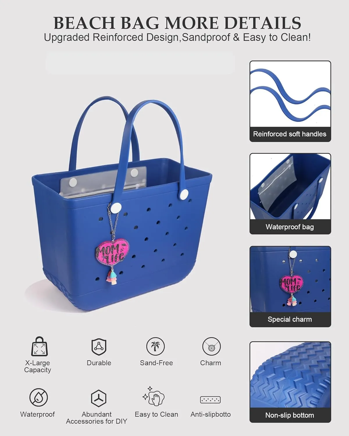 X-Large Beach Rubber Tote Bag with Charms, Women Waterproof Original Handbag for Outdoor Modern Travel Sports