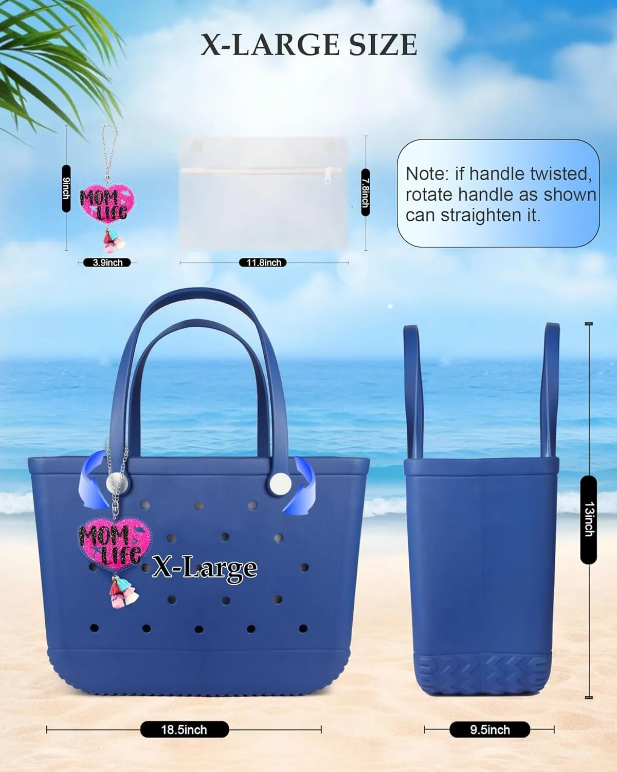 X-Large Beach Rubber Tote Bag with Charms, Women Waterproof Original Handbag for Outdoor Modern Travel Sports