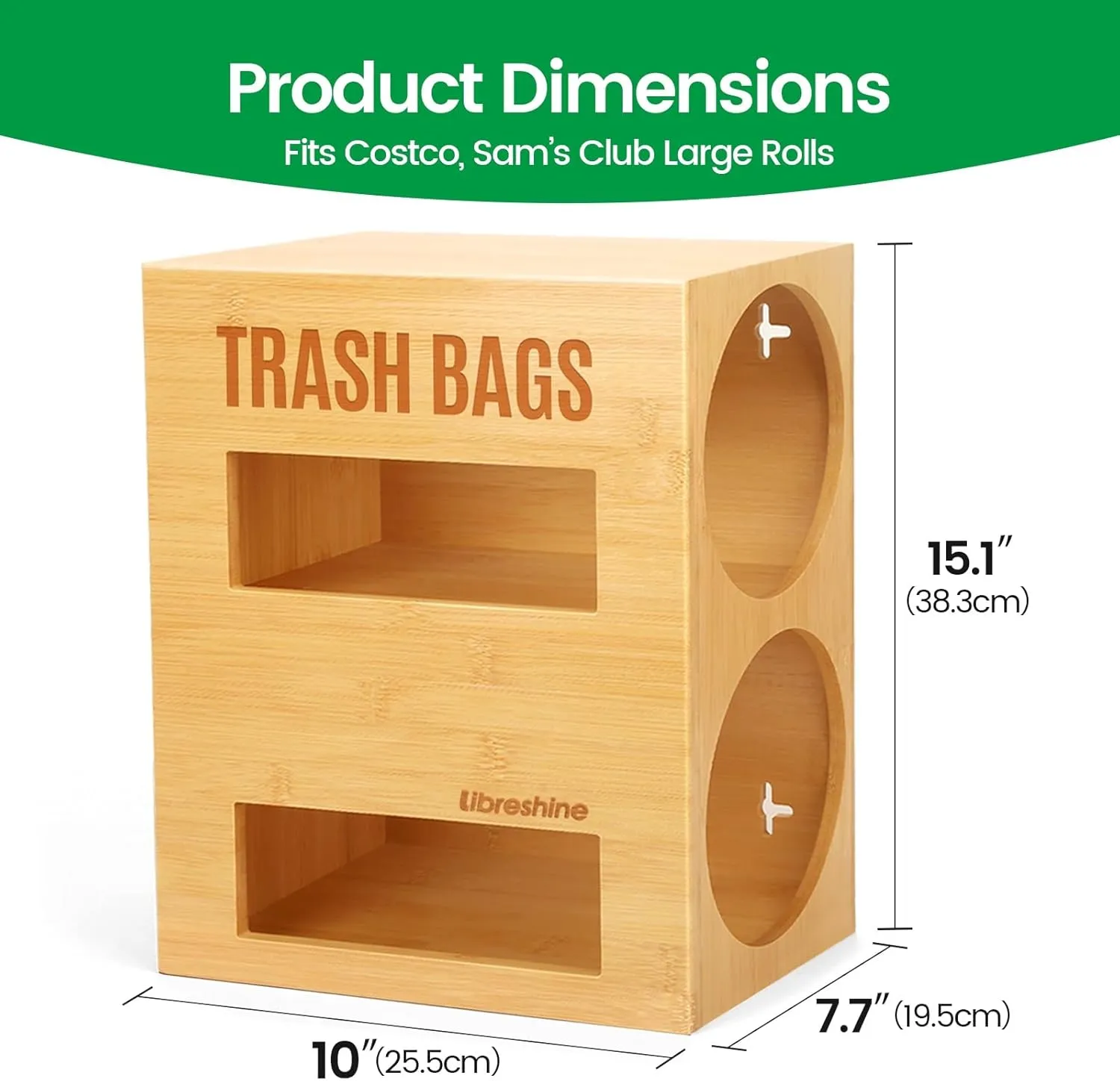 XL Bamboo 2-in-1 Trash & Garbage Bag Holder Dispenser - Dual Slot for Costco Kirkland 200ct Jumbo Rolls, Wall/Under-Sink/Cabinet Mount, Sortable Organizer Kitchen Pantry Garage Laundry