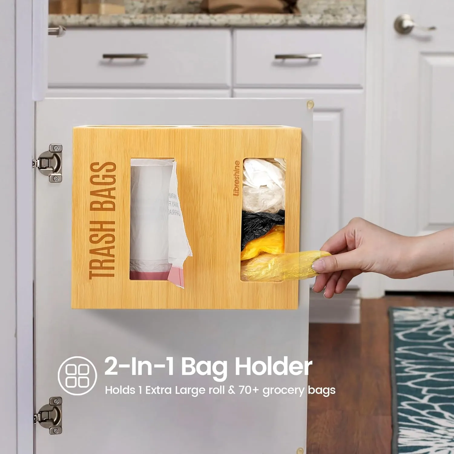 XL Bamboo 2-in-1 Trash & Garbage Bag Holder Dispenser - Dual Slot for Costco Kirkland 200ct Jumbo Rolls, Wall/Under-Sink/Cabinet Mount, Sortable Organizer Kitchen Pantry Garage Laundry