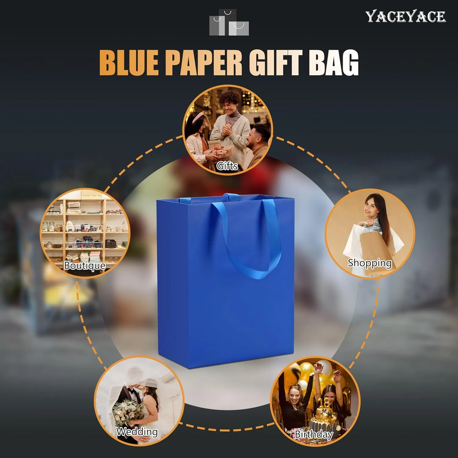 YACEYACE Blue Paper Gift Bags with Handles 20Pcs 8"x4.25"x10.5" Blue Gift Bags Bulk Thick Paper Elegant Gift Wrap Bags for Boutique, Wedding, Party, Birthday