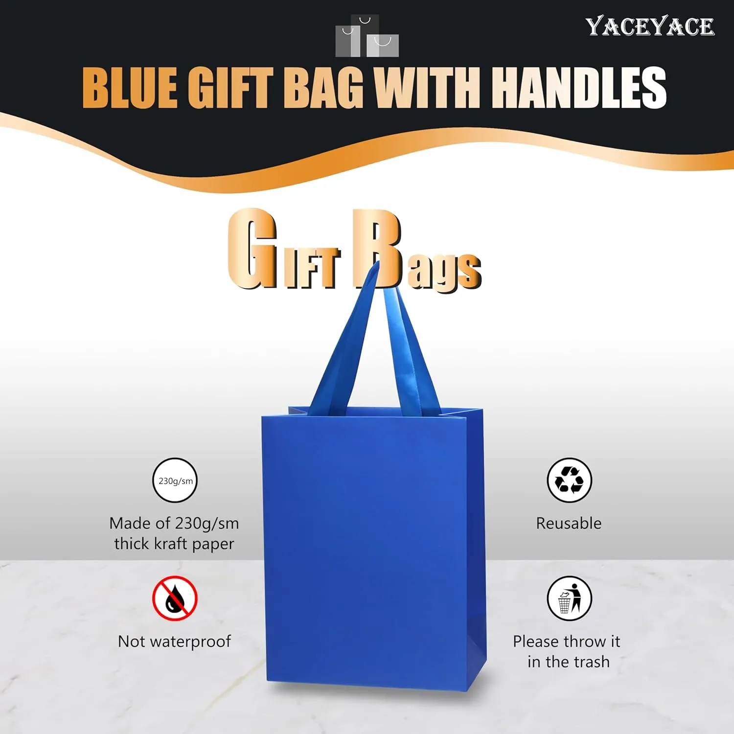 YACEYACE Blue Paper Gift Bags with Handles 20Pcs 8"x4.25"x10.5" Blue Gift Bags Bulk Thick Paper Elegant Gift Wrap Bags for Boutique, Wedding, Party, Birthday