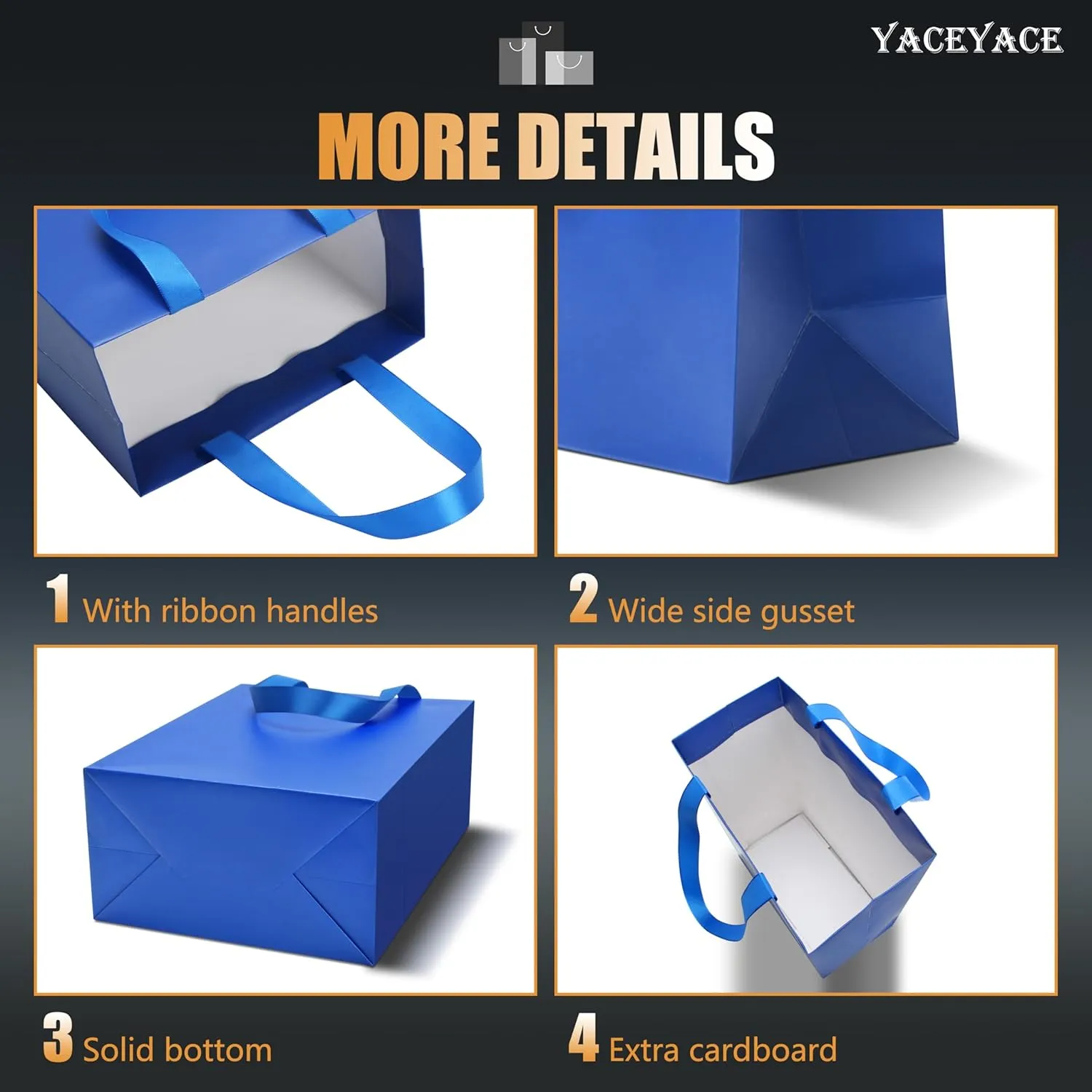 YACEYACE Blue Paper Gift Bags with Handles 20Pcs 8"x4.25"x10.5" Blue Gift Bags Bulk Thick Paper Elegant Gift Wrap Bags for Boutique, Wedding, Party, Birthday