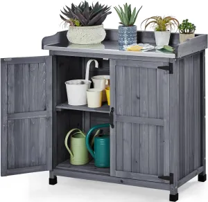 Yaheetech Garden Potting Bench Table, Outdoor Garden Horticultural Wooden Storage Cabinet & Solid Wood Planting Work Bench with Large Space Storage & Metal-Plated Tabletop, Gray
