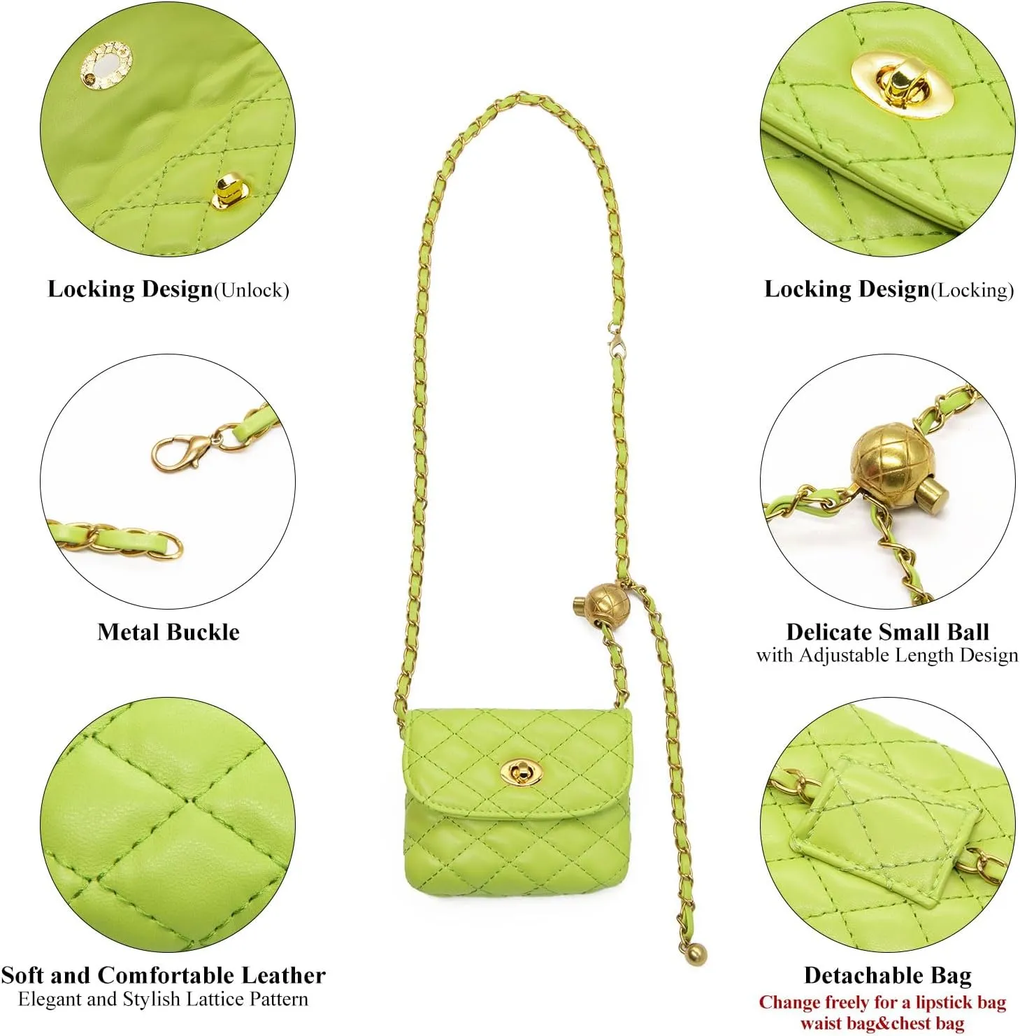 YAMEIZE PU Leather Chain Belt Bag for Women - Crossbody Waist Bag Fanny Pack Detachable Belt Chain Women Evening Mini Handbag
