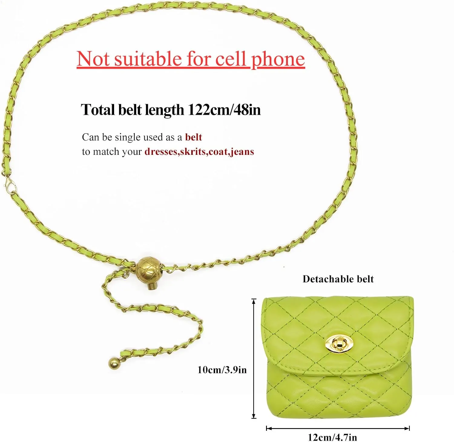 YAMEIZE PU Leather Chain Belt Bag for Women - Crossbody Waist Bag Fanny Pack Detachable Belt Chain Women Evening Mini Handbag