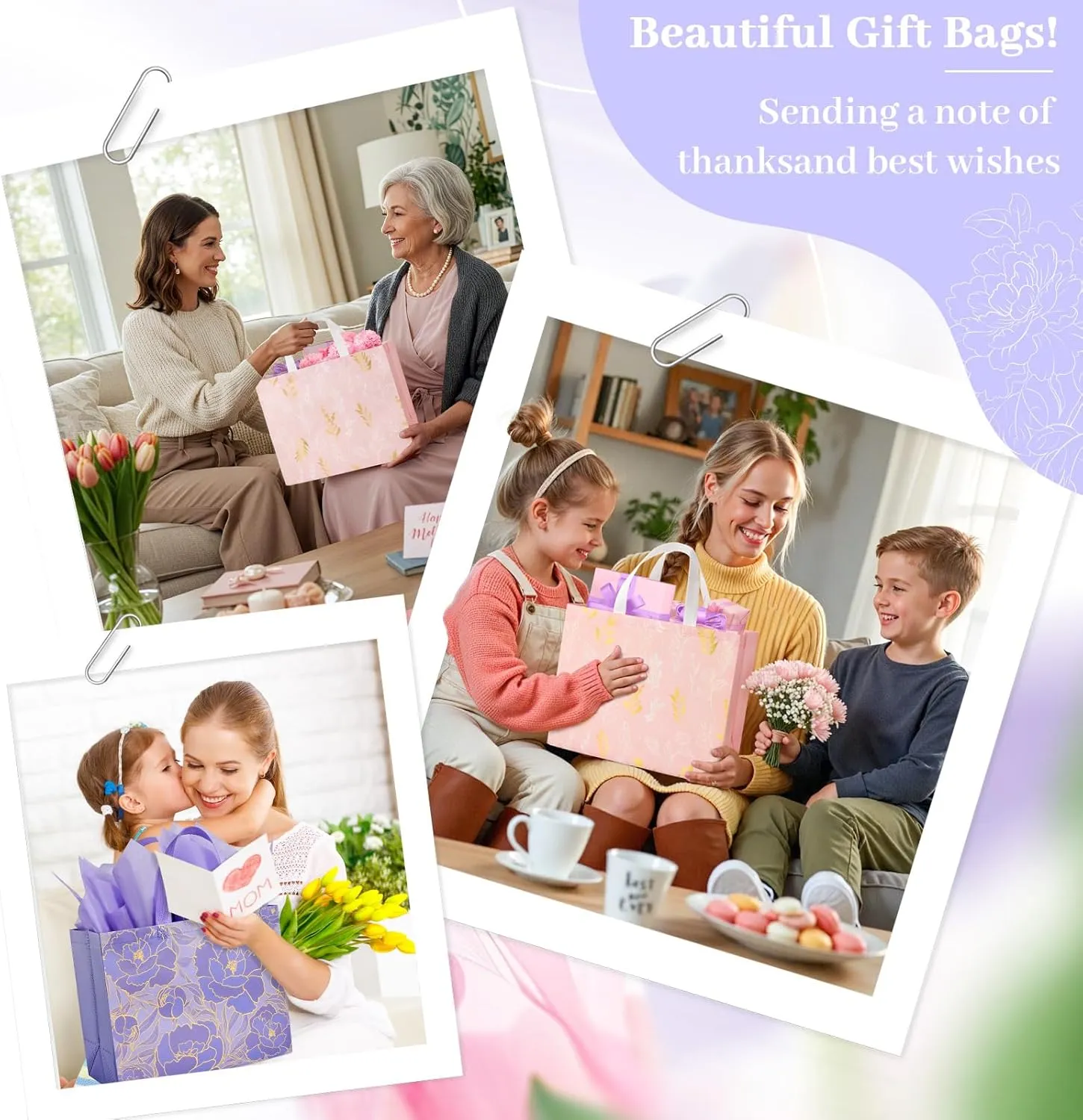 YANGTE 6 Pack 13" Large Beautiful Gift Bags Set with Greeting Card and Tissue Paper, Reusable Non-Woven Gift Wrap Bags with Handle for Presents of Any Birthday, Weddings, Mothers Day & Special Moments