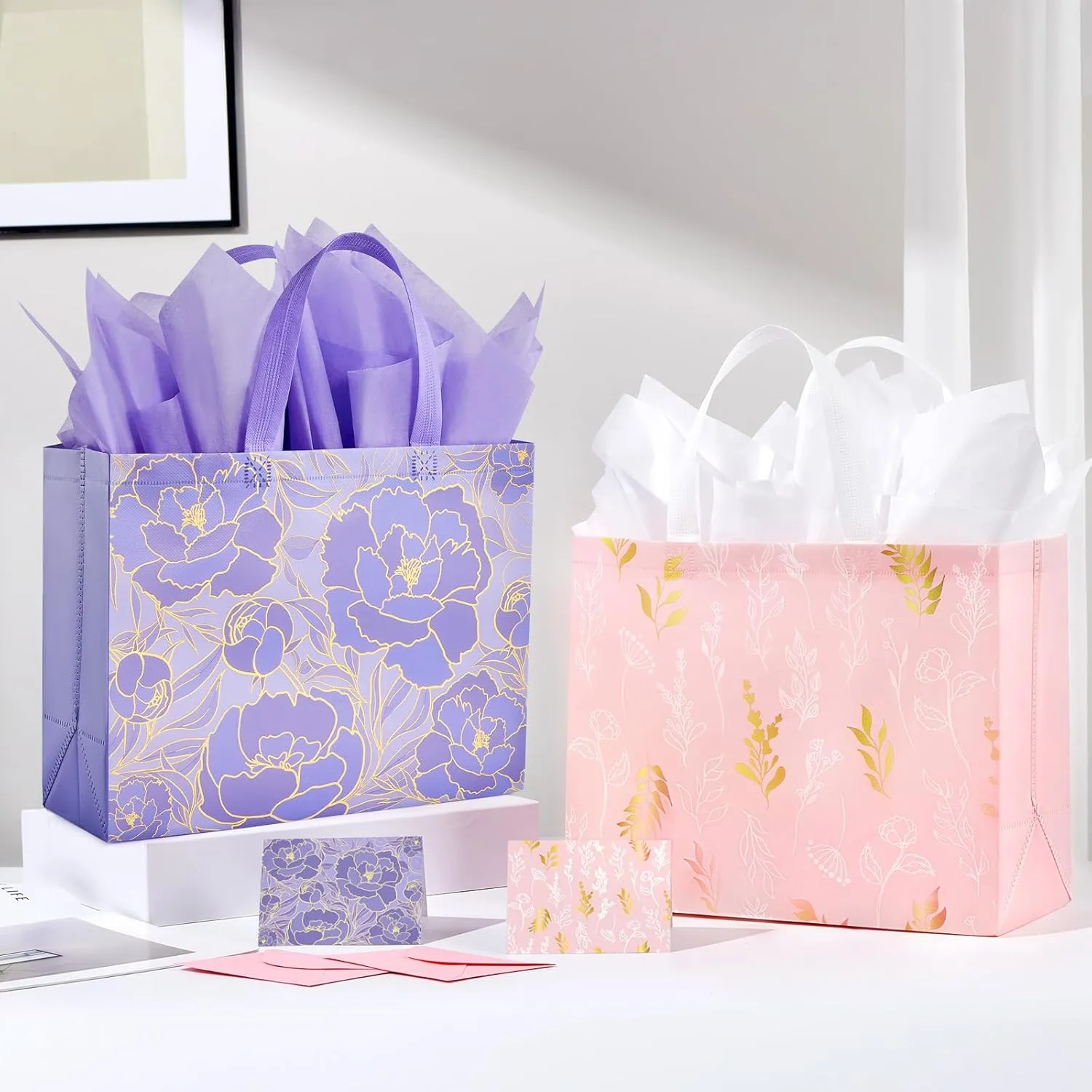 YANGTE 6 Pack 13" Large Beautiful Gift Bags Set with Greeting Card and Tissue Paper, Reusable Non-Woven Gift Wrap Bags with Handle for Presents of Any Birthday, Weddings, Mothers Day & Special Moments