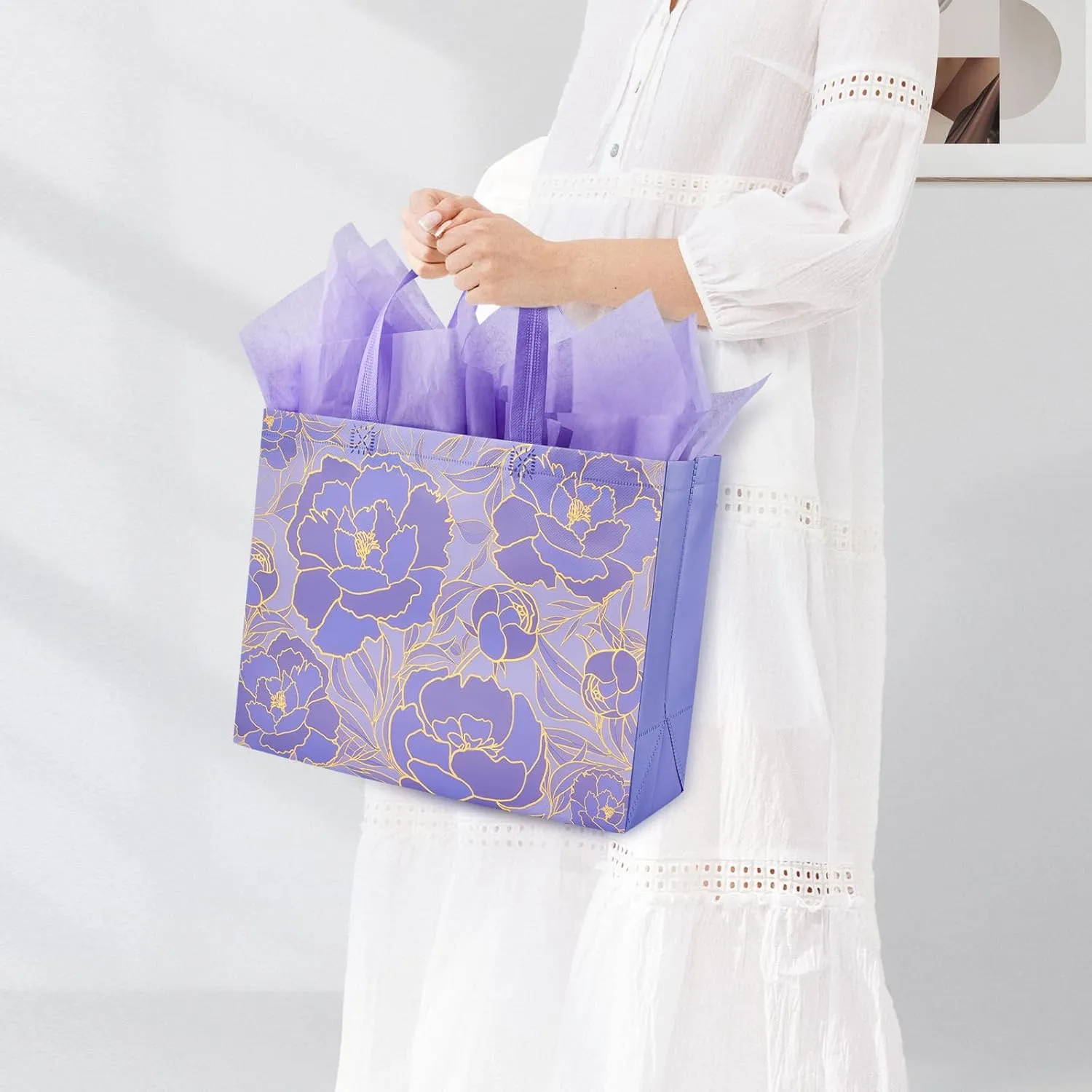YANGTE 6 Pack 13" Large Beautiful Gift Bags Set with Greeting Card and Tissue Paper, Reusable Non-Woven Gift Wrap Bags with Handle for Presents of Any Birthday, Weddings, Mothers Day & Special Moments
