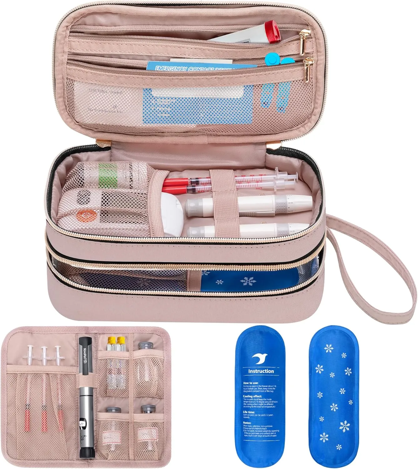 Yarwo Insulin Cooler Travel Case with 2 Ice Packs, Double-Layer Diabetic Insulated Organizer, Portable Medication Bag for Insulin Pens, Glucometer and Diabetes Care Kits, Dusty Rose (Patented Design)