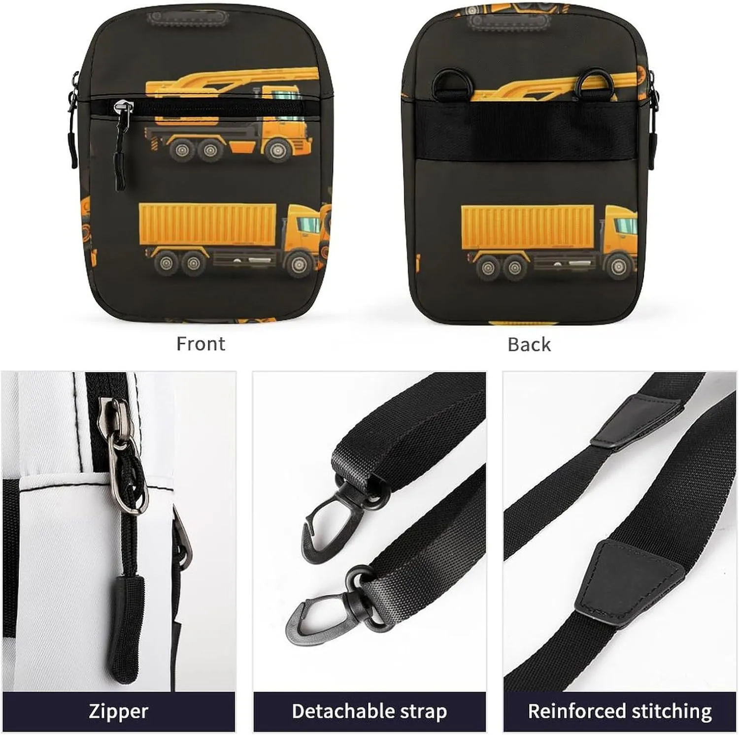Yellow Construction Machinery Trucks, Crane, Loader, Bulldozer Adjustable Fanny Waist Pack Pouch, Waterproof Crossbody Runners Bag Wallet for Gym Hiking Fitness Women Men 6.1 x 2.2 x 7.9 inch