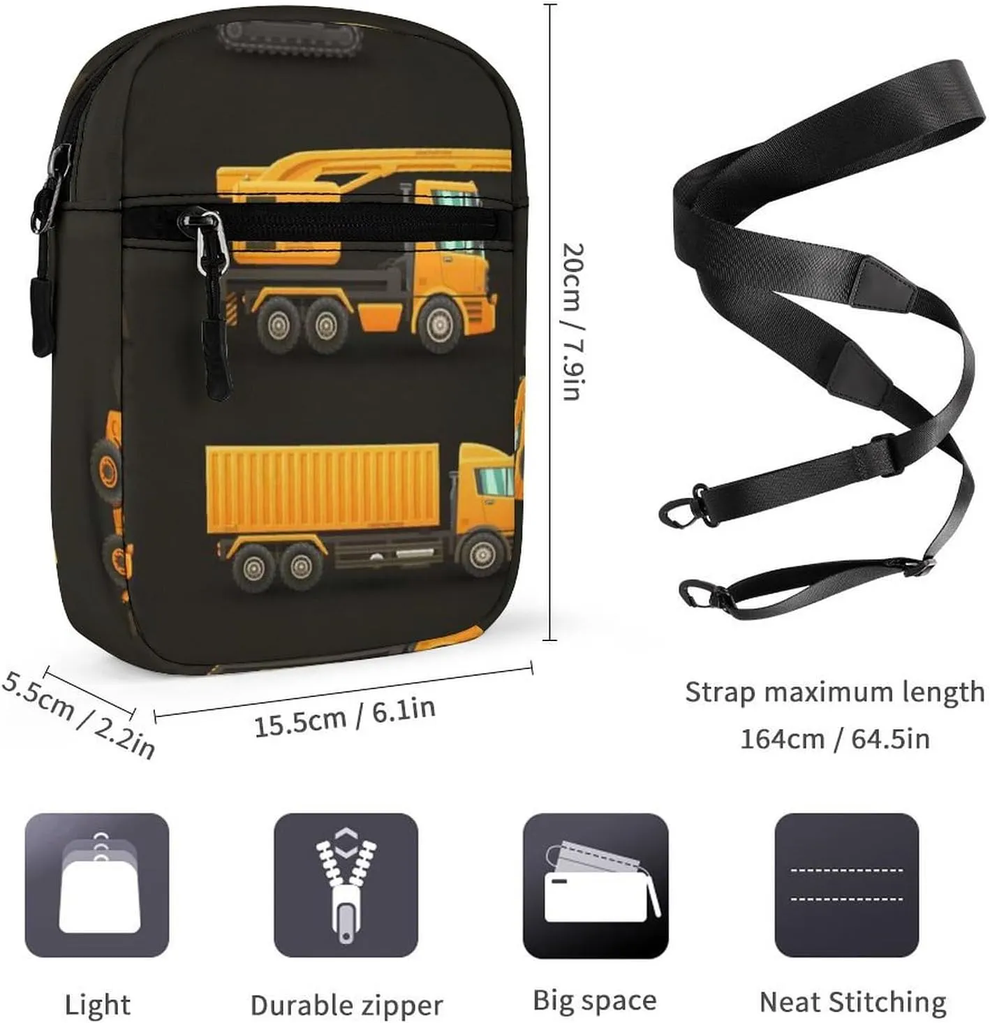 Yellow Construction Machinery Trucks, Crane, Loader, Bulldozer Adjustable Fanny Waist Pack Pouch, Waterproof Crossbody Runners Bag Wallet for Gym Hiking Fitness Women Men 6.1 x 2.2 x 7.9 inch