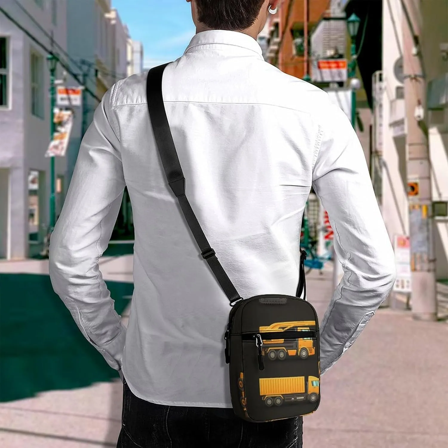 Yellow Construction Machinery Trucks, Crane, Loader, Bulldozer Adjustable Fanny Waist Pack Pouch, Waterproof Crossbody Runners Bag Wallet for Gym Hiking Fitness Women Men 6.1 x 2.2 x 7.9 inch