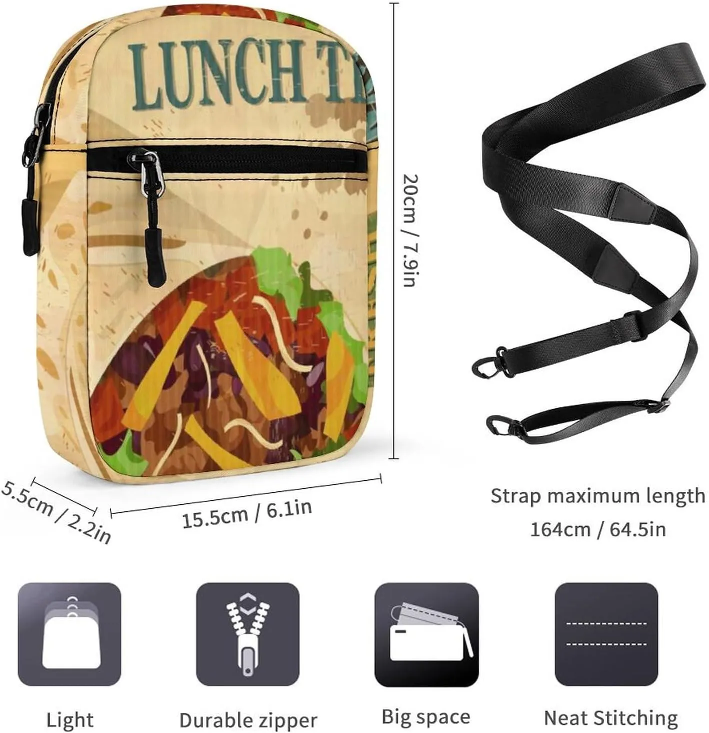 Yellow Mexican Food Tortilla, Hamburger, Burrito, Tequila Adjustable Fanny Waist Pack Pouch, Waterproof Crossbody Runners Bag Wallet for Gym Hiking Fitness Women Men 6.1 x 2.2 x 7.9 inch