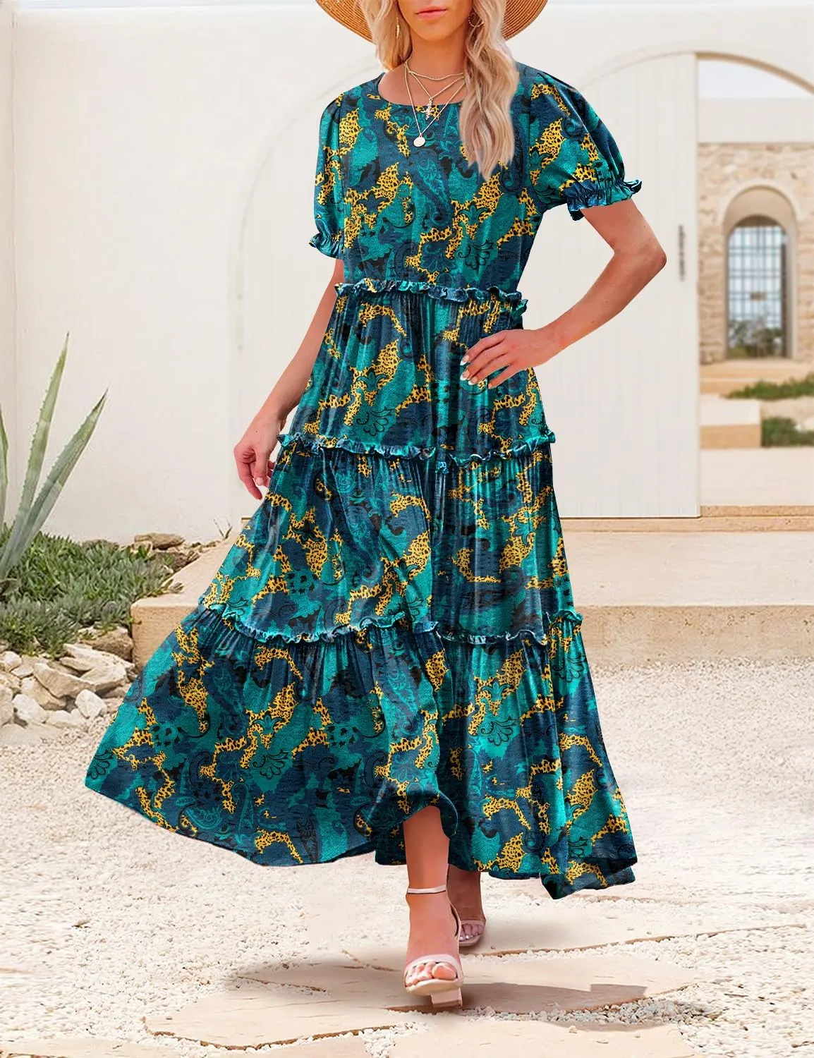 YESNO Summer Casual Bohemian Floral Dresses for Women Puff Short Sleeve Long Maxi Dress with Pockets ETX