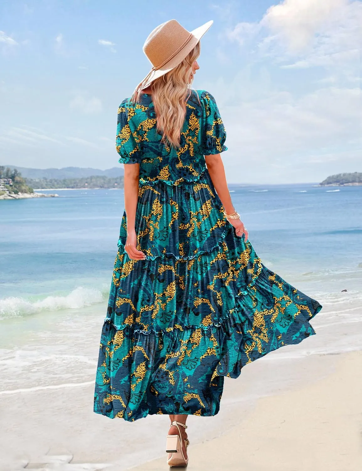 YESNO Summer Casual Bohemian Floral Dresses for Women Puff Short Sleeve Long Maxi Dress with Pockets ETX