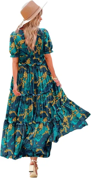 YESNO Summer Casual Bohemian Floral Dresses for Women Puff Short Sleeve Long Maxi Dress with Pockets ETX