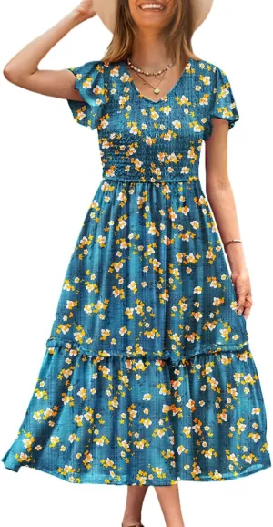 YESNO Women Summer Boho Floral Casual Dresses V Neck Ruffle Cap Sleeve Smocked Midi Dress with Pockets EVA
