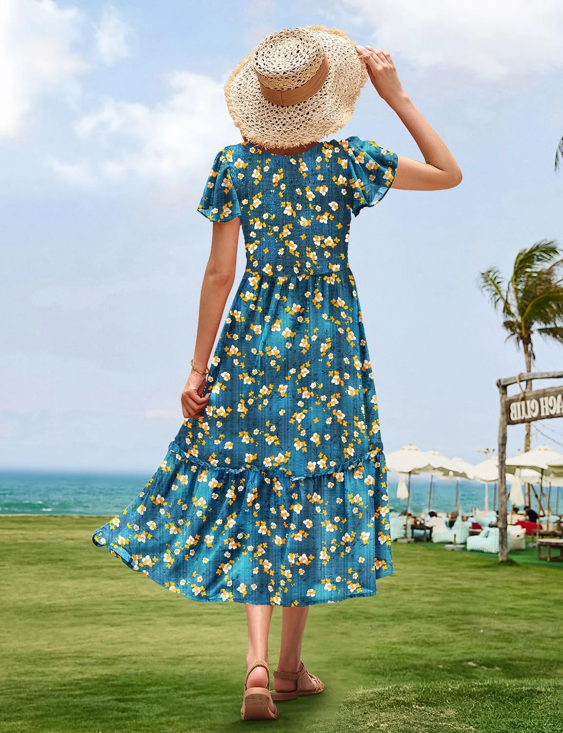 YESNO Women Summer Boho Floral Casual Dresses V Neck Ruffle Cap Sleeve Smocked Midi Dress with Pockets EVA