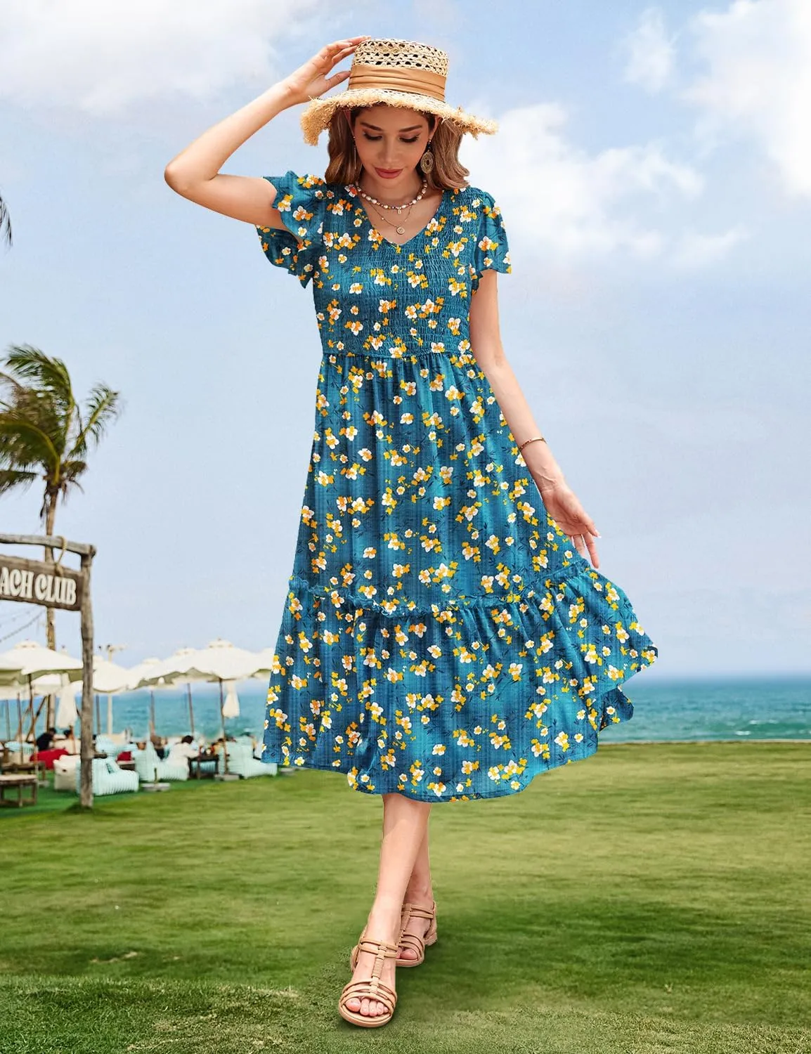 YESNO Women Summer Boho Floral Casual Dresses V Neck Ruffle Cap Sleeve Smocked Midi Dress with Pockets EVA